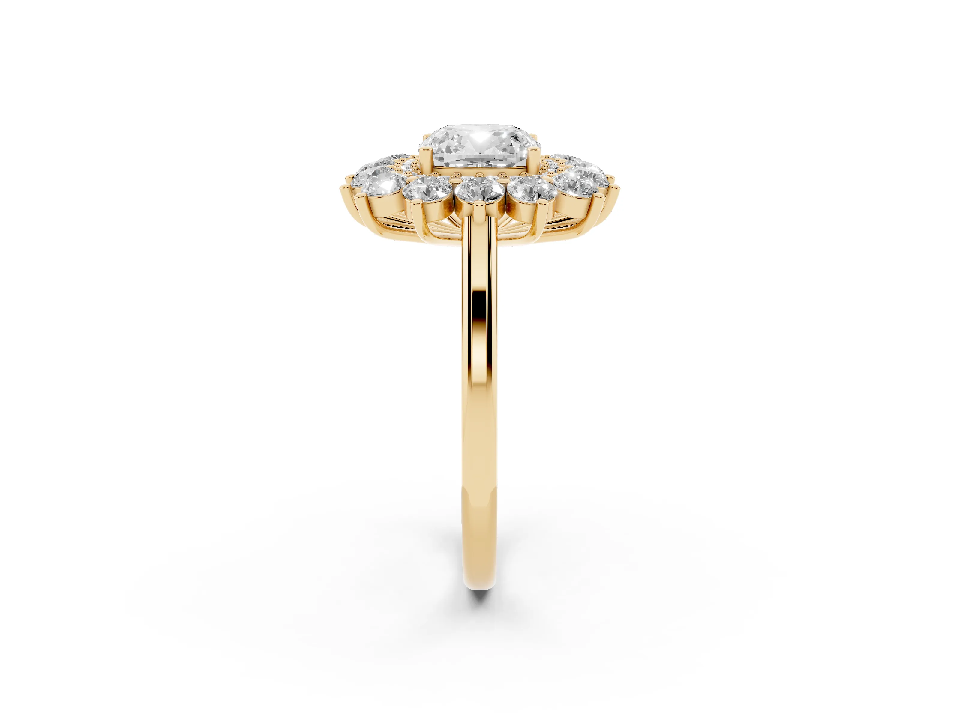 Cushion Cut Diamond Floral Double Halo Ring Set in Yellow gold with Round Petals