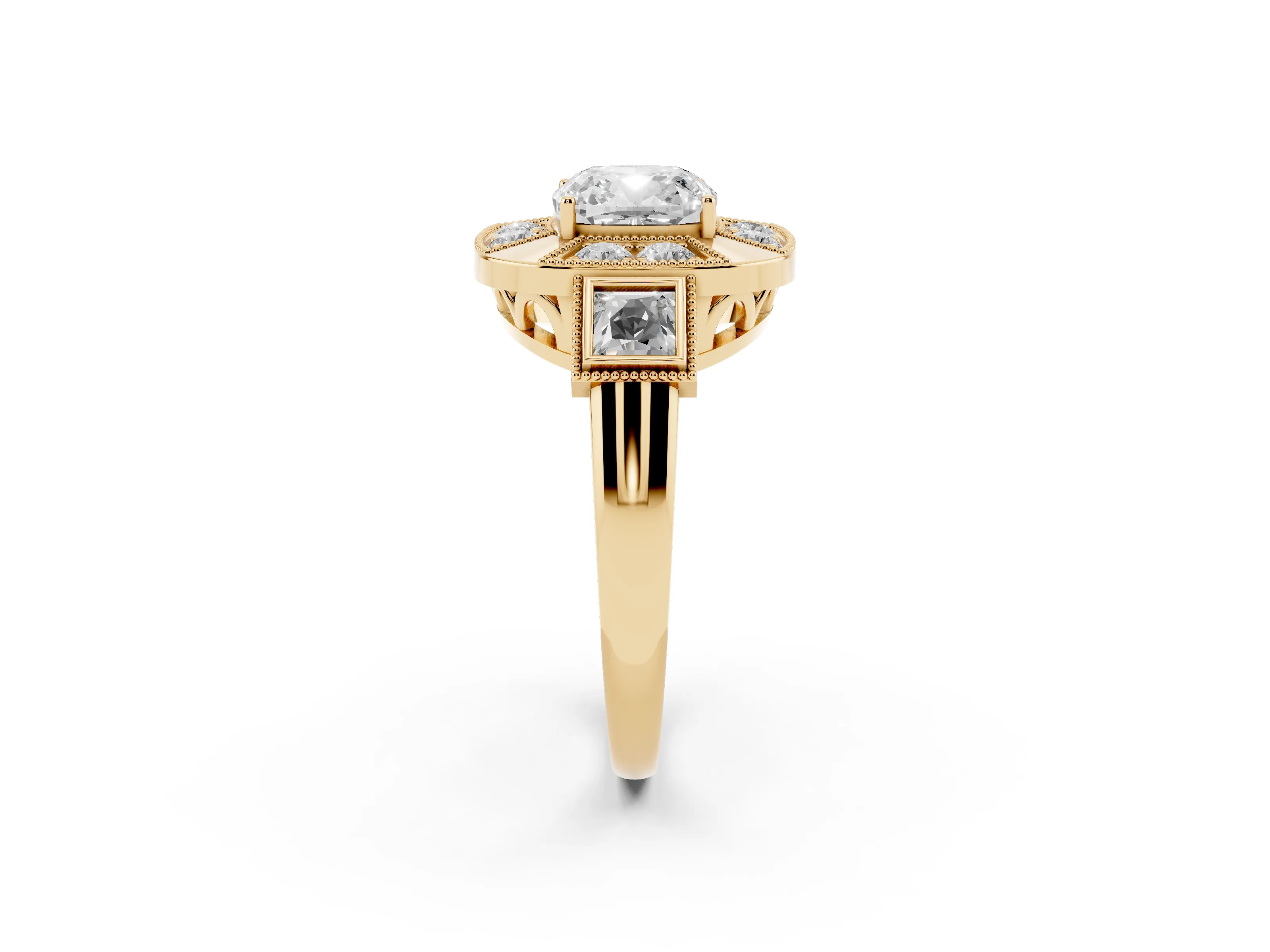 Cushion Cut Diamond Milgrain Halo Ring Set in Yellow gold with Split Shank