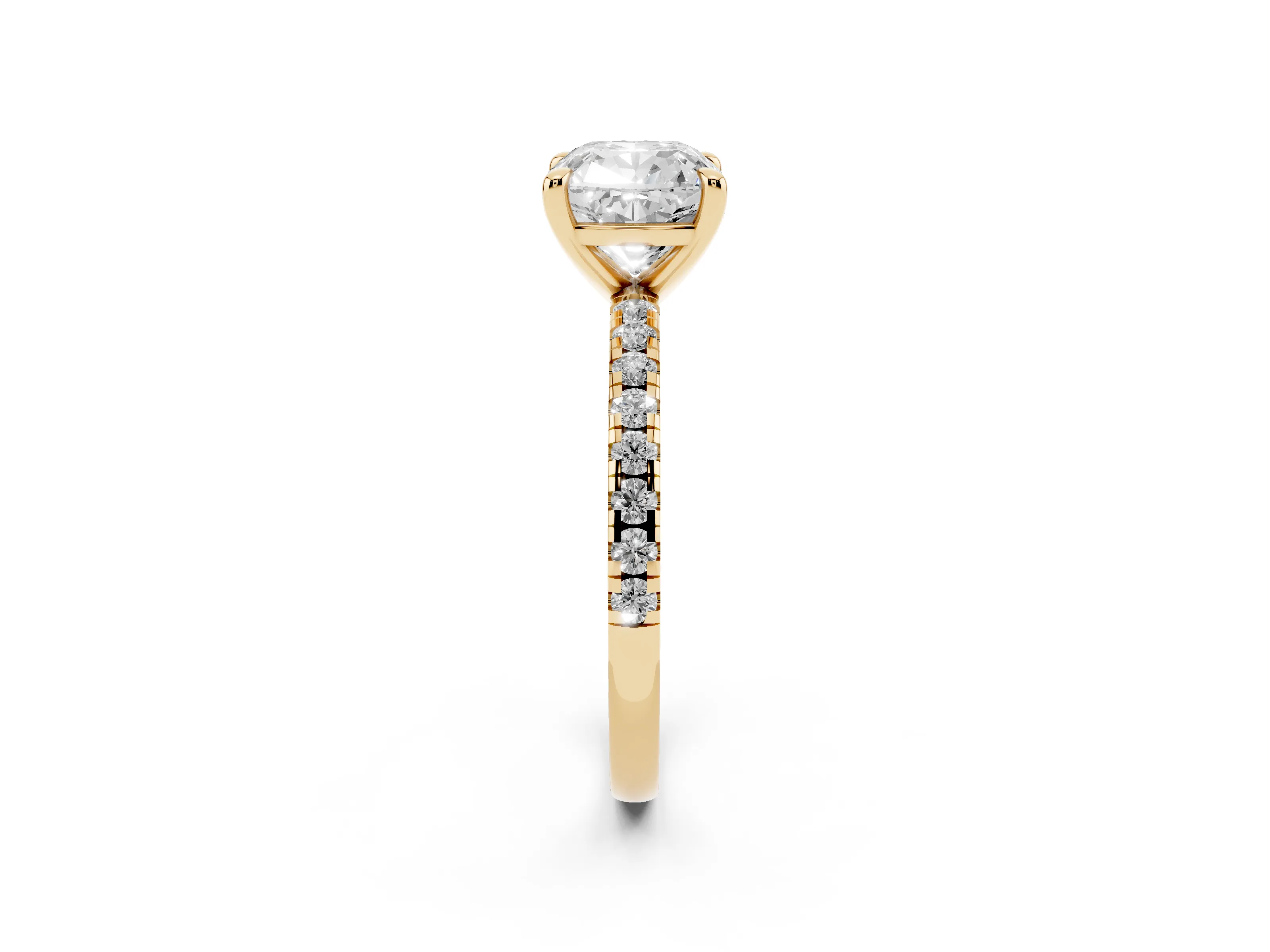 Cushion Cut Diamond Brilliant Solitaire Ring Set in Yellow gold with Pavé Band and Prong Setting