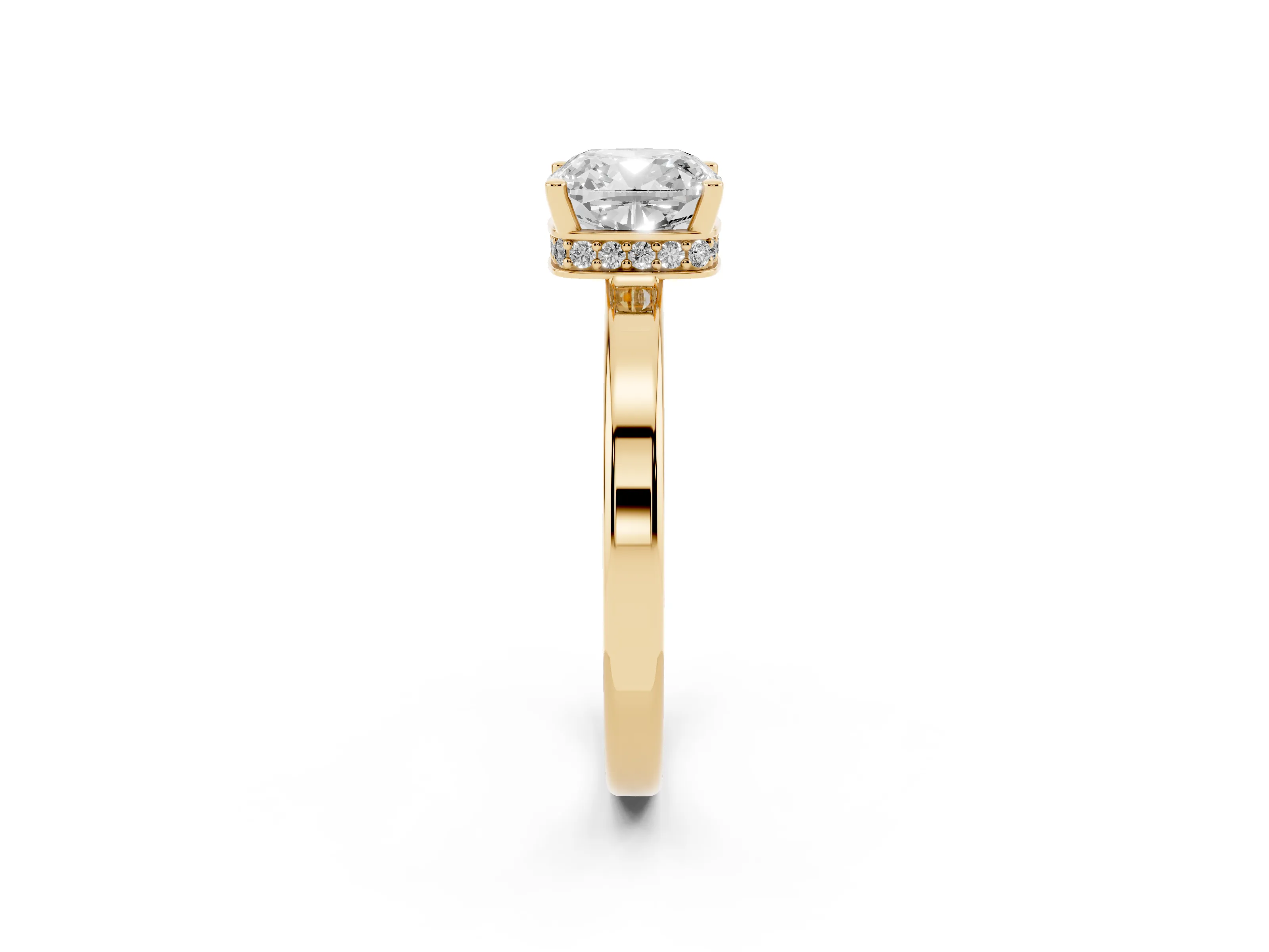 Cushion Cut Diamond Solitaire Engagement Ring Set in Yellow gold with Prong Setting on a Plain Band