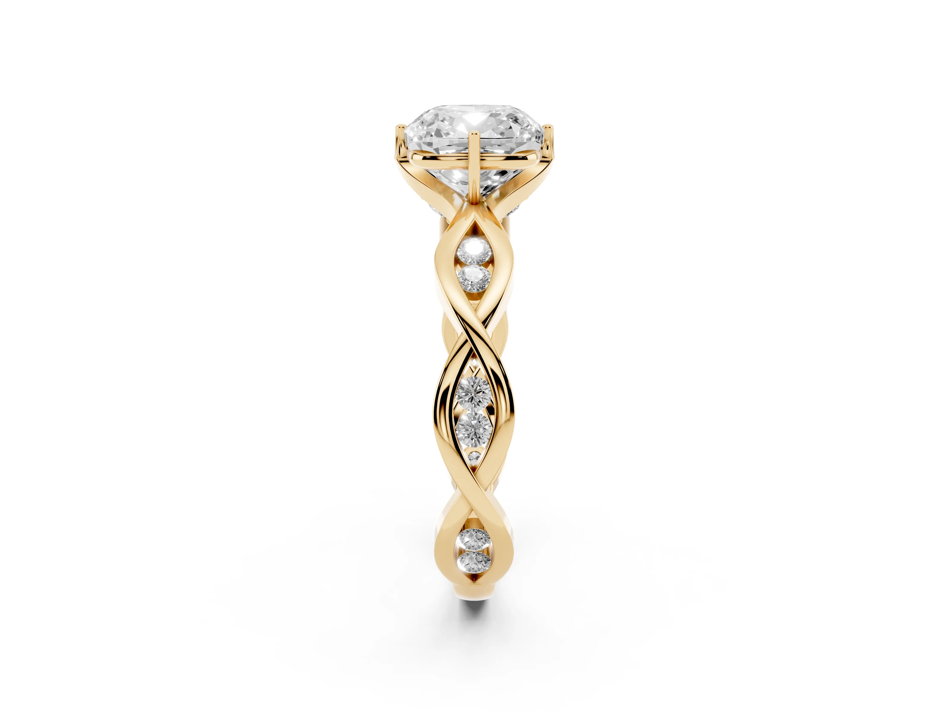 Cushion Cut Diamond Twist Band Solitaire Ring Set in Yellow gold with Leaf Prong Setting and Accent Stones
