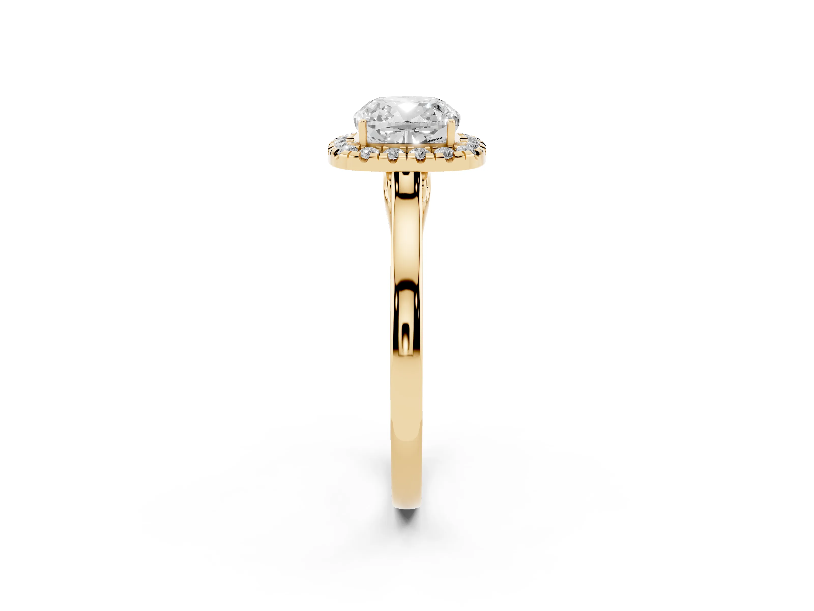 Cushion Cut Halo Round Diamond Solitaire Ring Set in Yellow gold with Pavé Band and Prong Setting