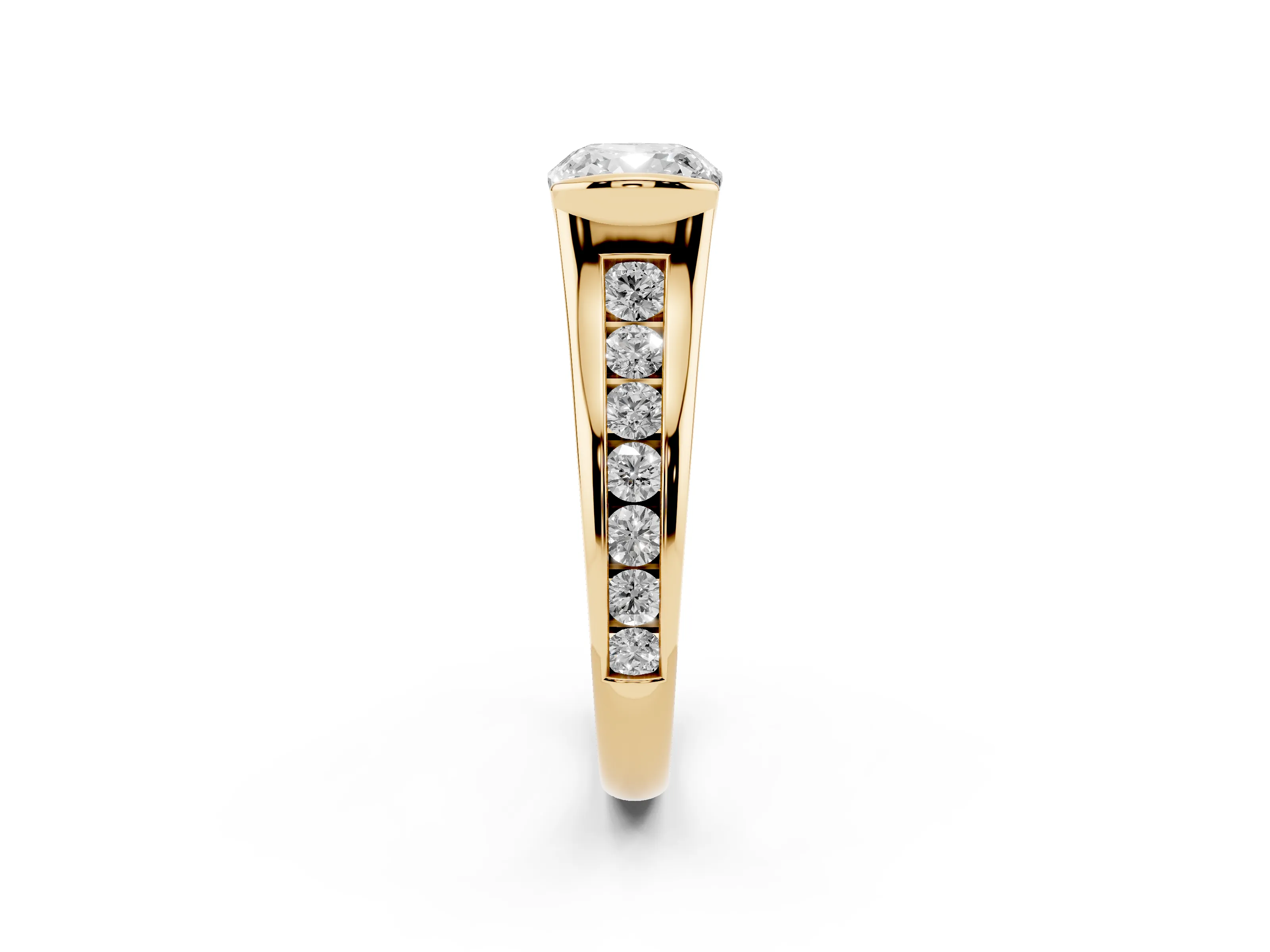 Cushion Cut Diamond Bezel-Set Solitaire Ring Set in Yellow gold with Channel-Set Band