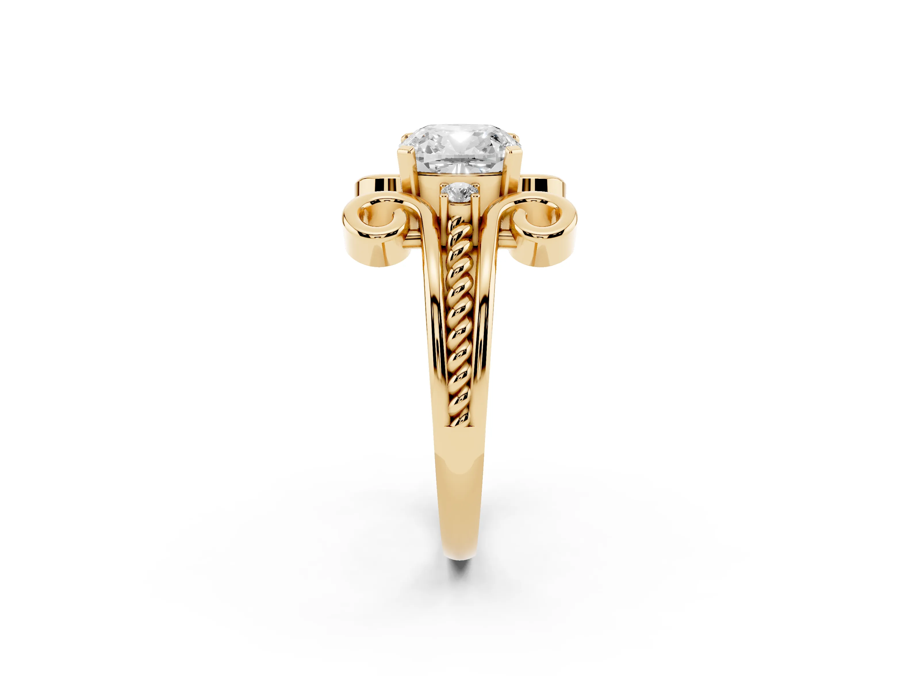 Cushion Cut Diamond Twisted Band Solitaire Ring Set in Yellow gold with Scroll Prongs