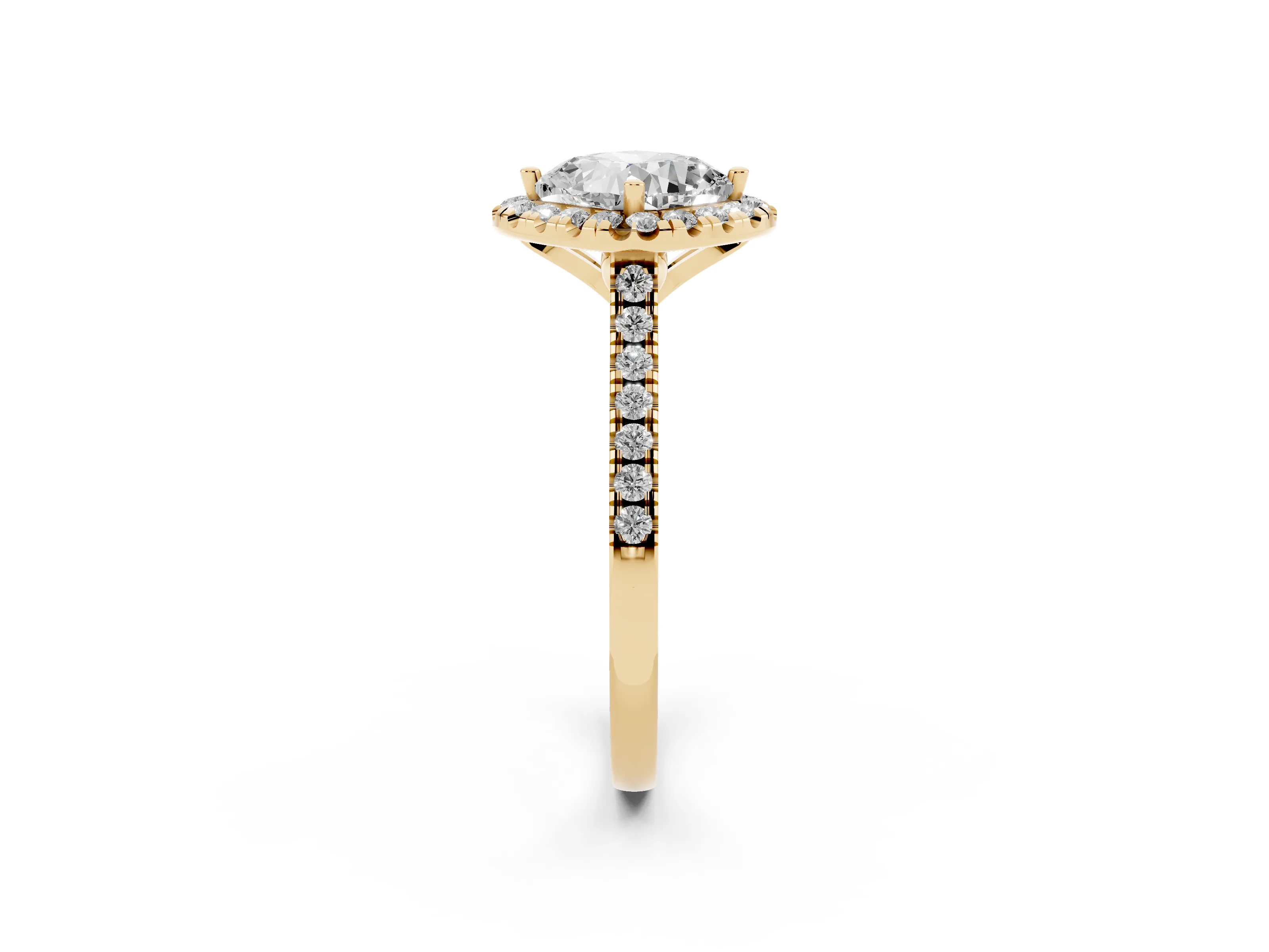 Cushion Cut Diamond Cushion Halo Ring Set in Yellow gold with Pavé Band
