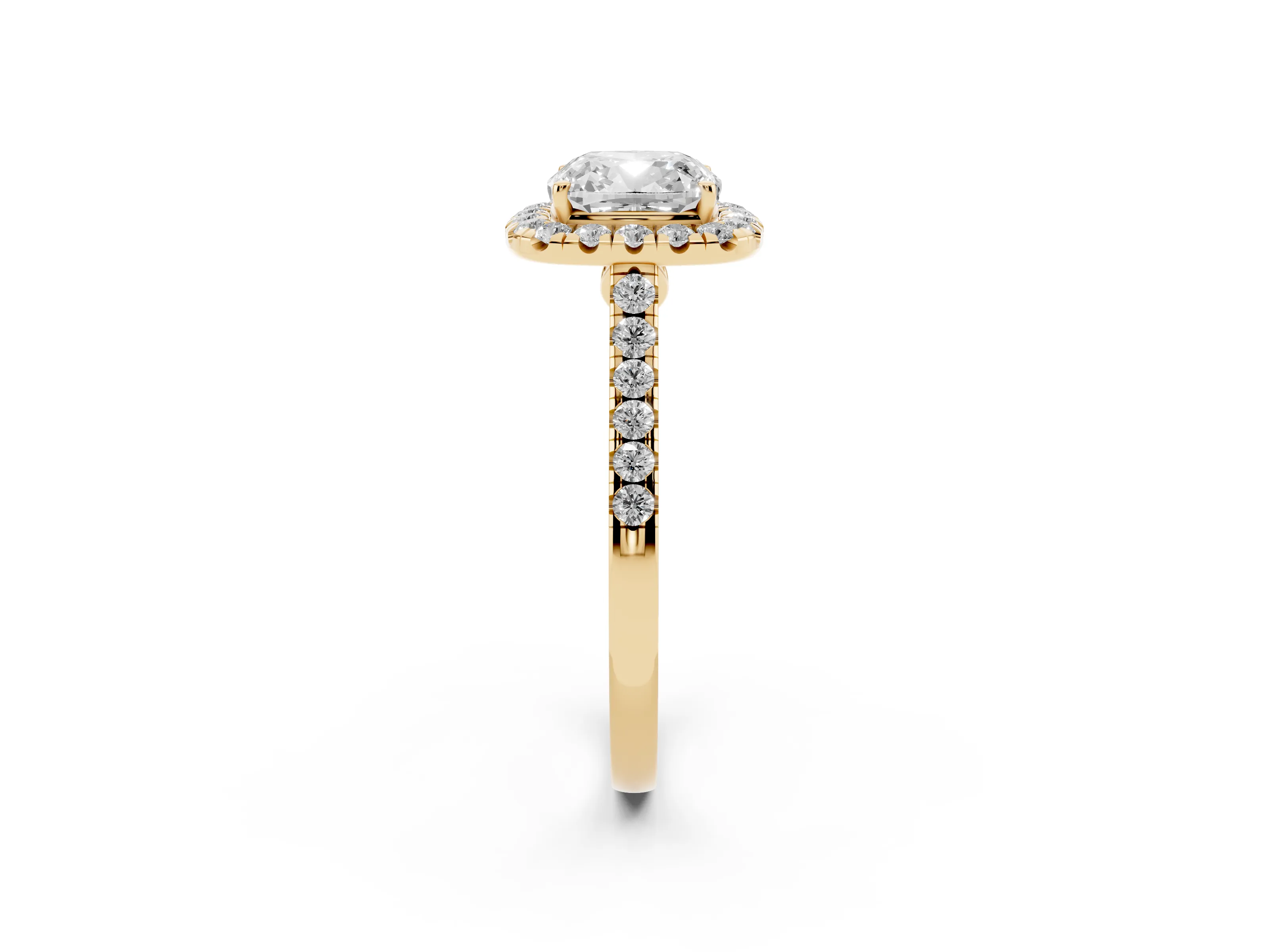 Cushion Cut Diamond Halo Pavé Engagement Ring Set in Yellow gold with Prong Setting