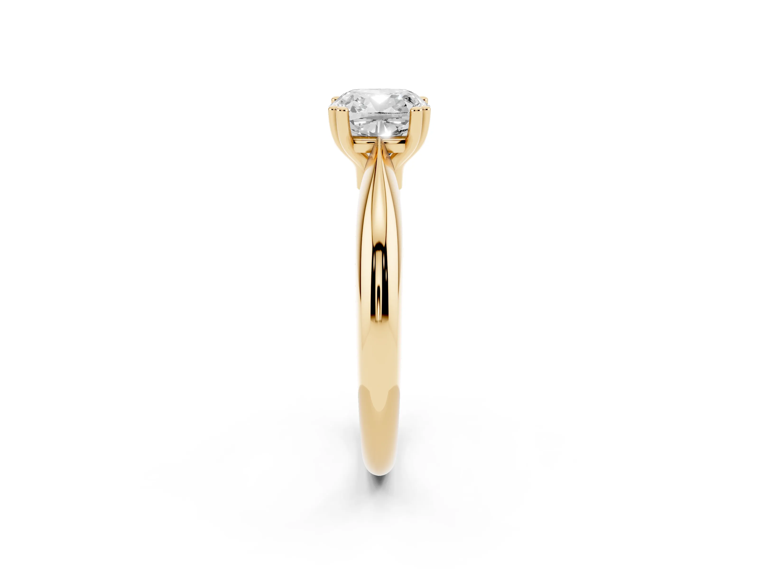 Cushion Cut Diamond Solitaire Engagement Ring Set in Yellow gold with Tapered Band and Prong Setting