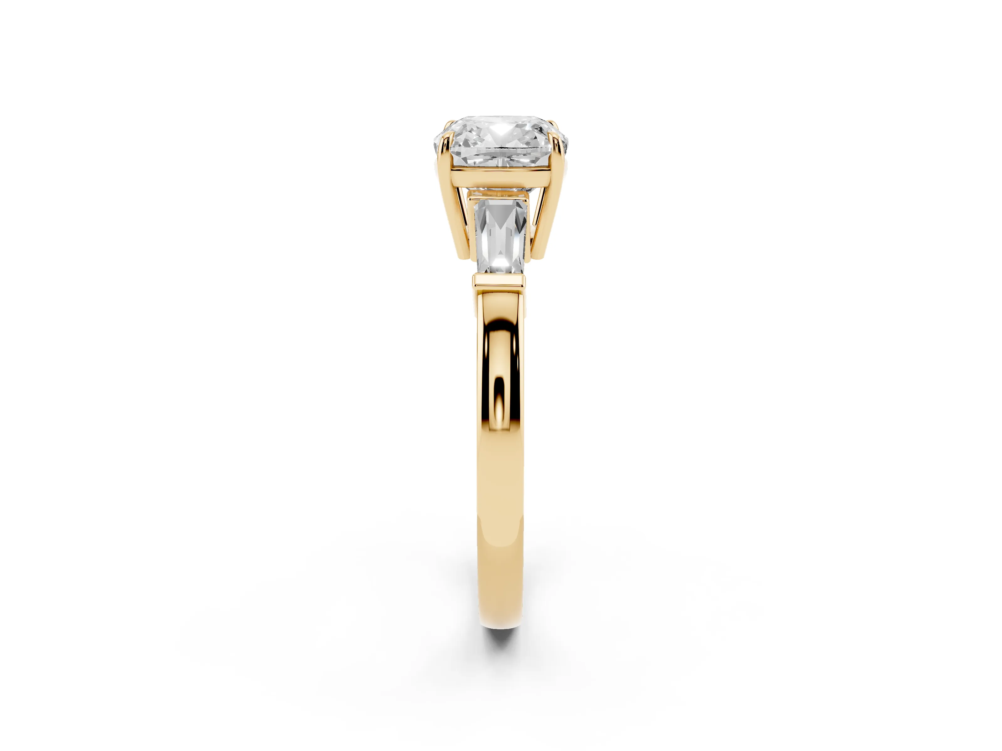 Cushion Cut Diamond Three-Stone Ring Set in Yellow gold with Tapered Baguette Side Stones and Prong Setting