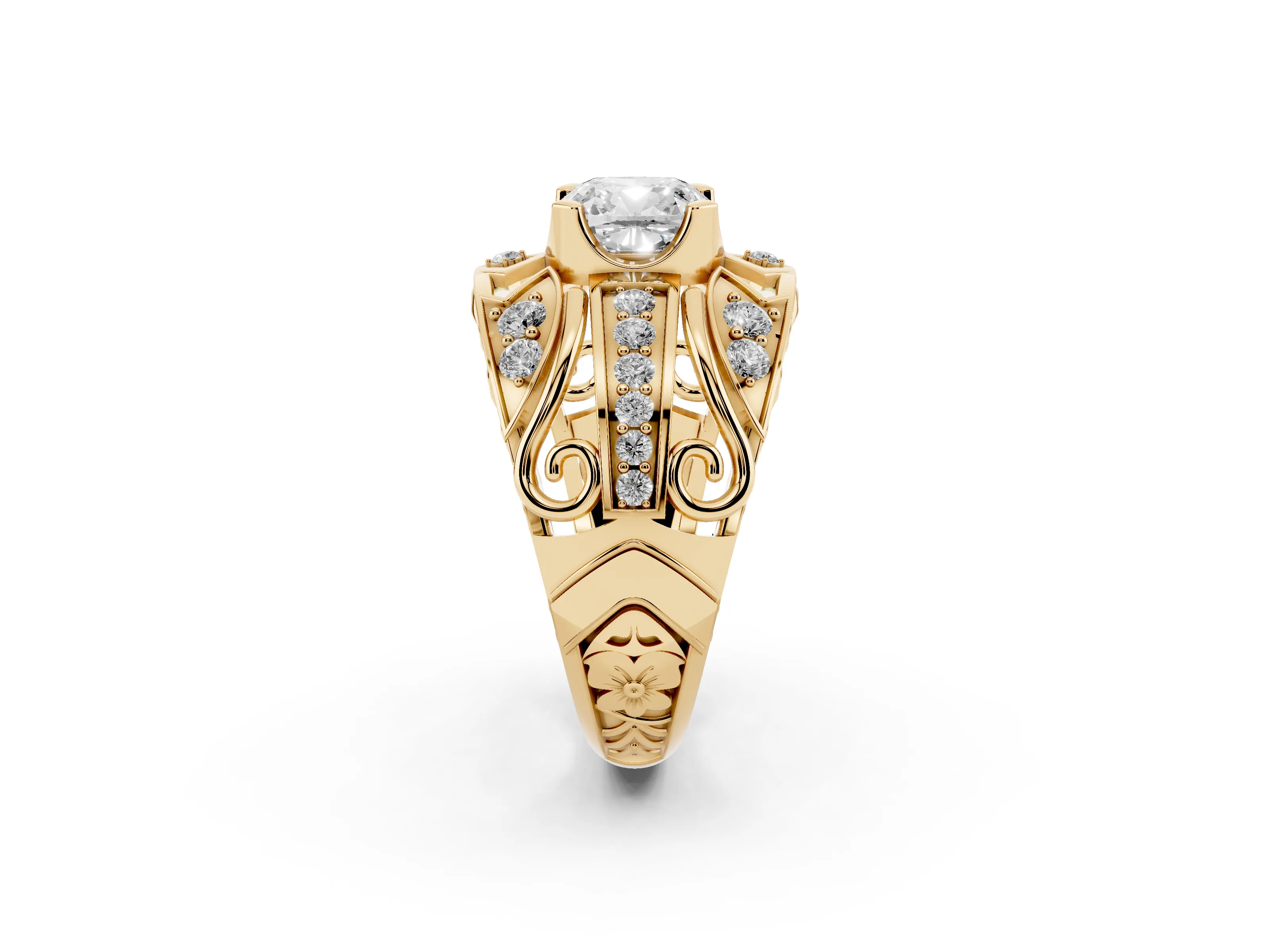 Cushion Cut Diamond Art Deco Ring Set in Yellow gold with Pavé Split Shank