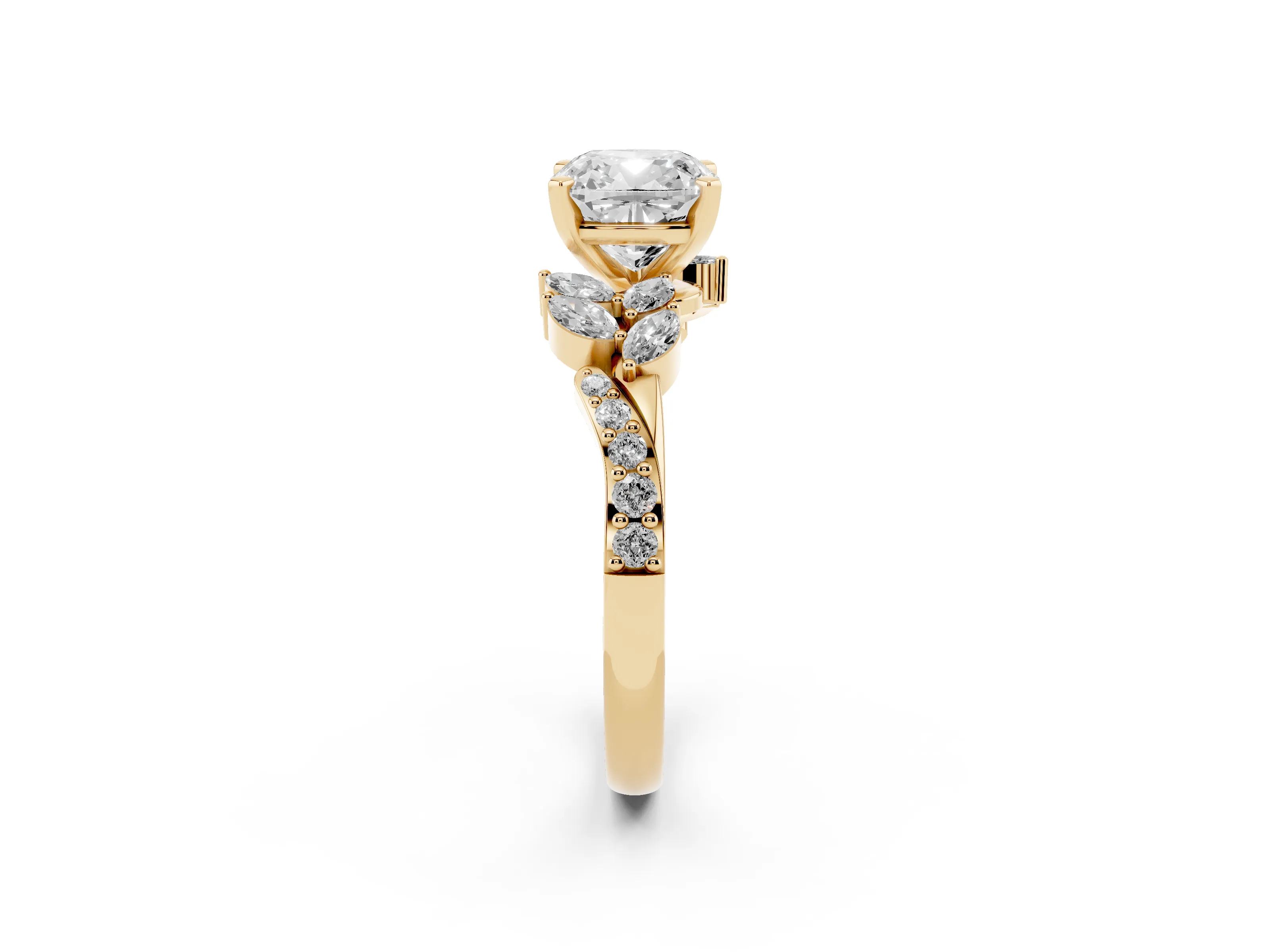 Cushion Cut Diamond Solitaire Ring Set in Yellow gold with Marquise Twist Band and Prong Setting