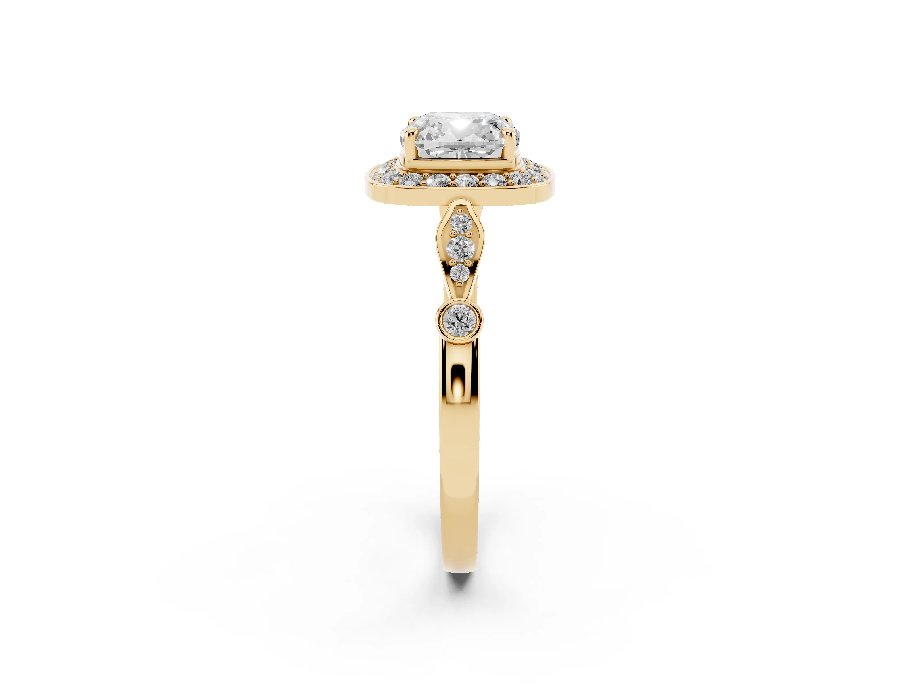 Cushion Cut Diamond Halo Engagement Ring Set in Yellow gold with Twisted Band and Prong Setting