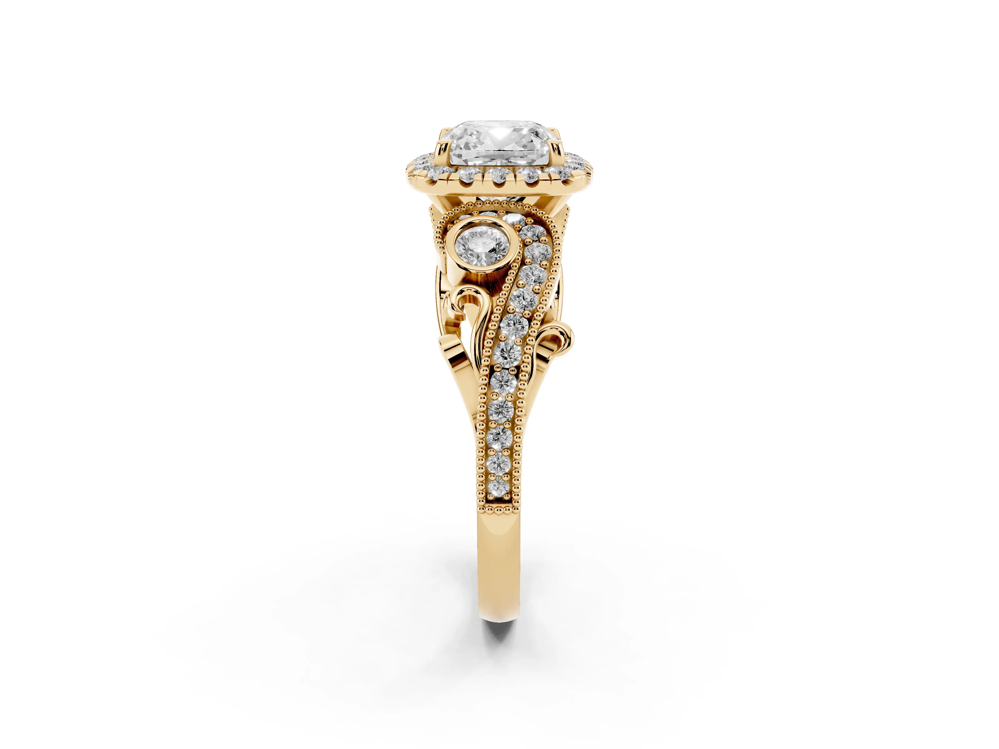Cushion Cut Diamond Halo Ring Set in Yellow gold with Milgrain Pavé Band and Prong Setting