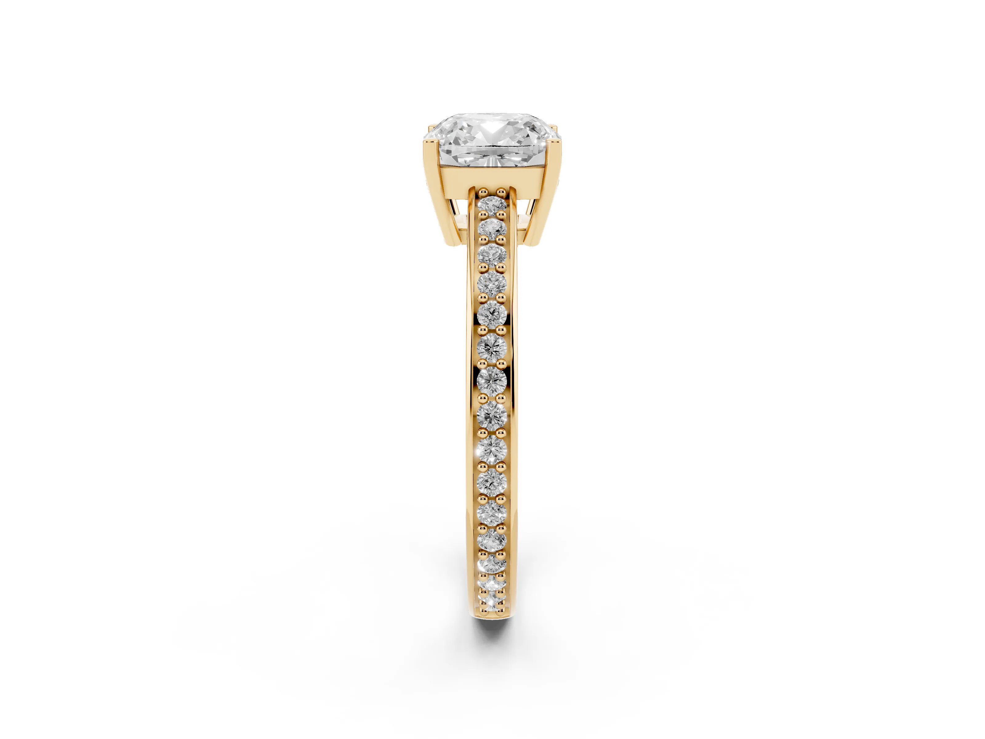 Cushion Cut Diamond Pavé Band Prong Set Solitaire Ring Set in Yellow gold