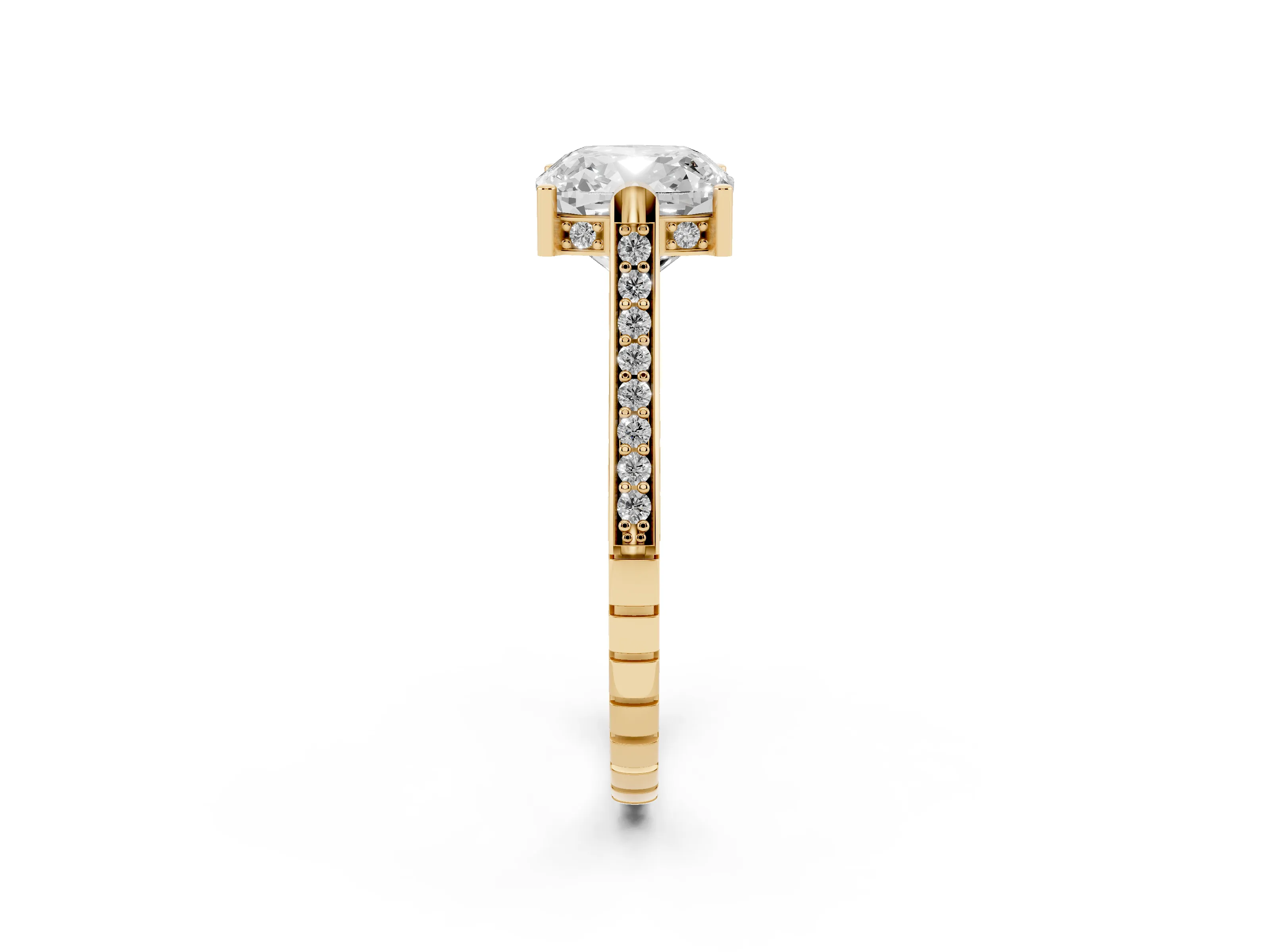Cushion Cut Diamond Solitaire Ring Set in Yellow gold with Channel Set Band and Bezel Prong Setting