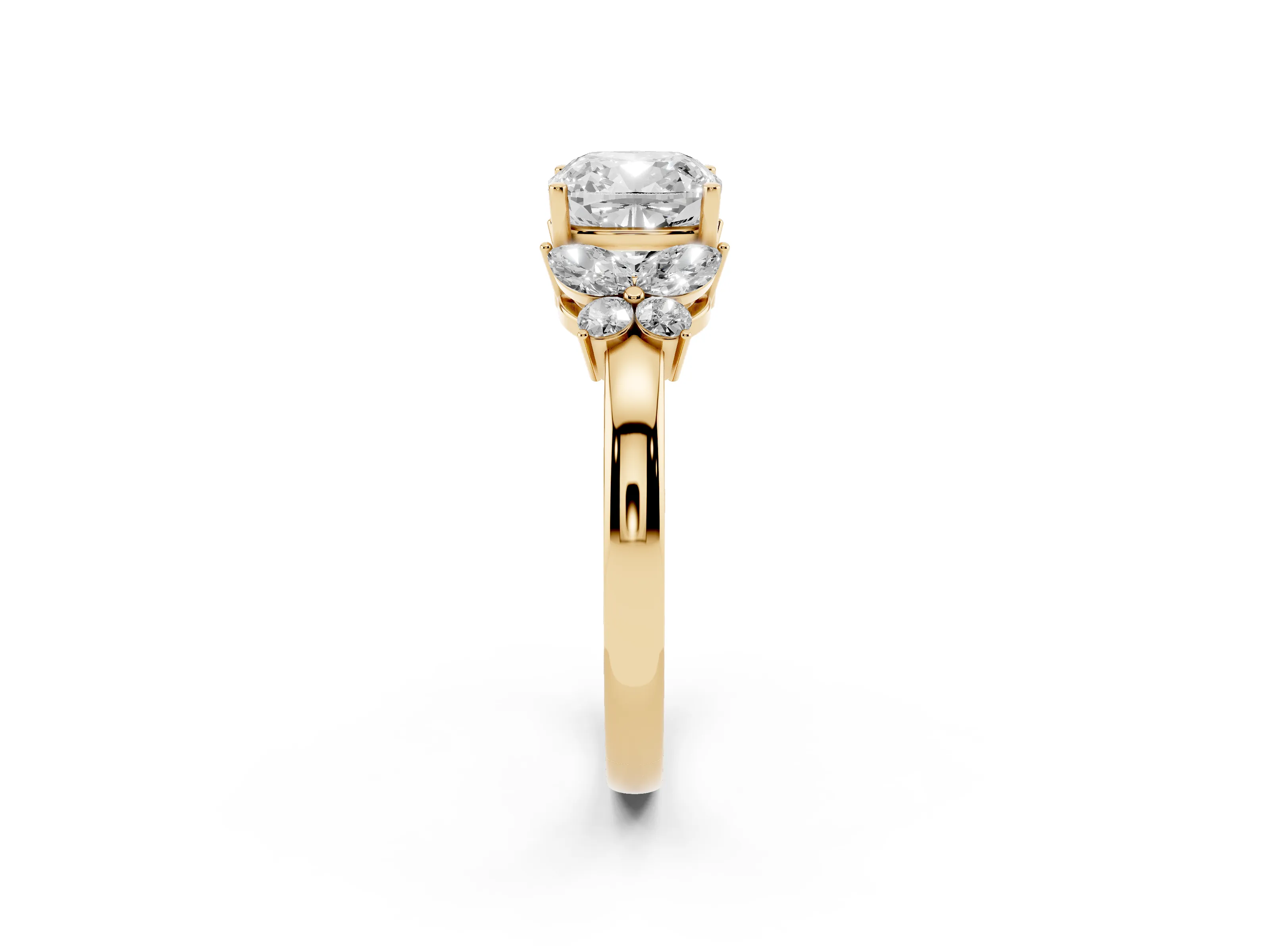 Cushion Cut Diamond Solitaire Floral Ring Set in Yellow gold with Marquise Petals and Prong Setting