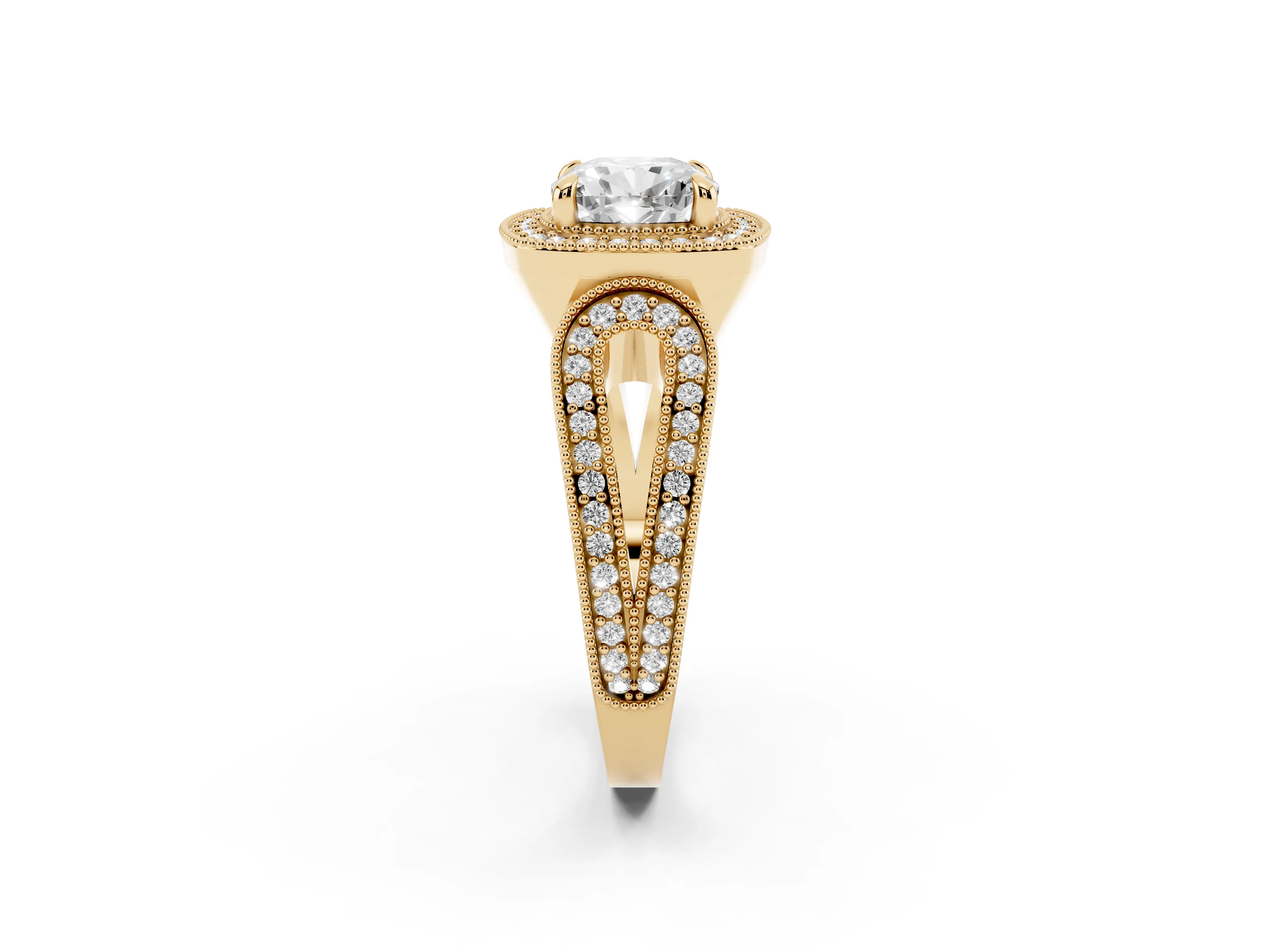 Cushion Cut Diamond Halo Ring Set in Yellow gold with Milgrain Accent Split Shank