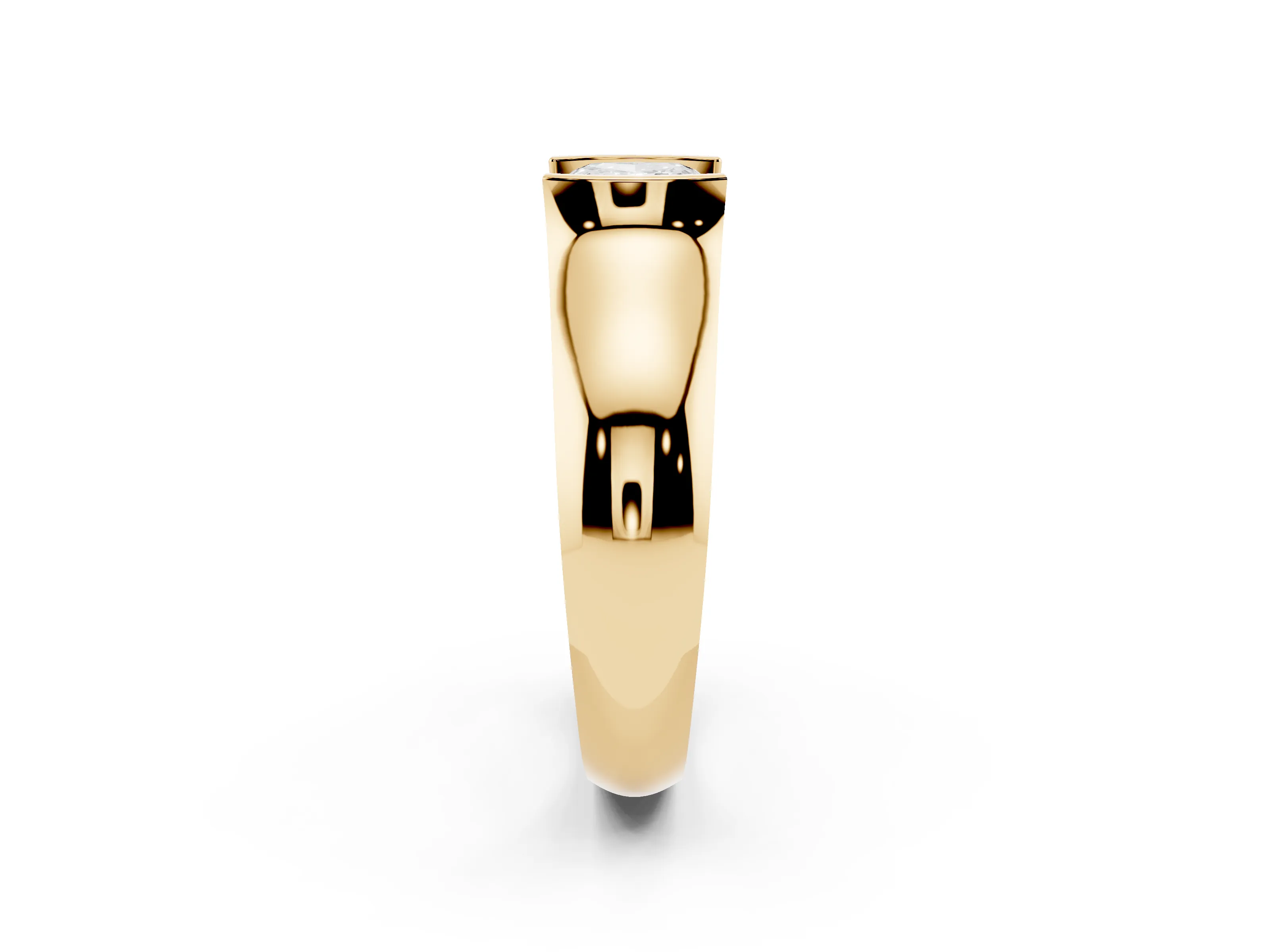 Cushion Cut Diamond Bezel Solitaire Ring Set in Yellow gold with Wide Band