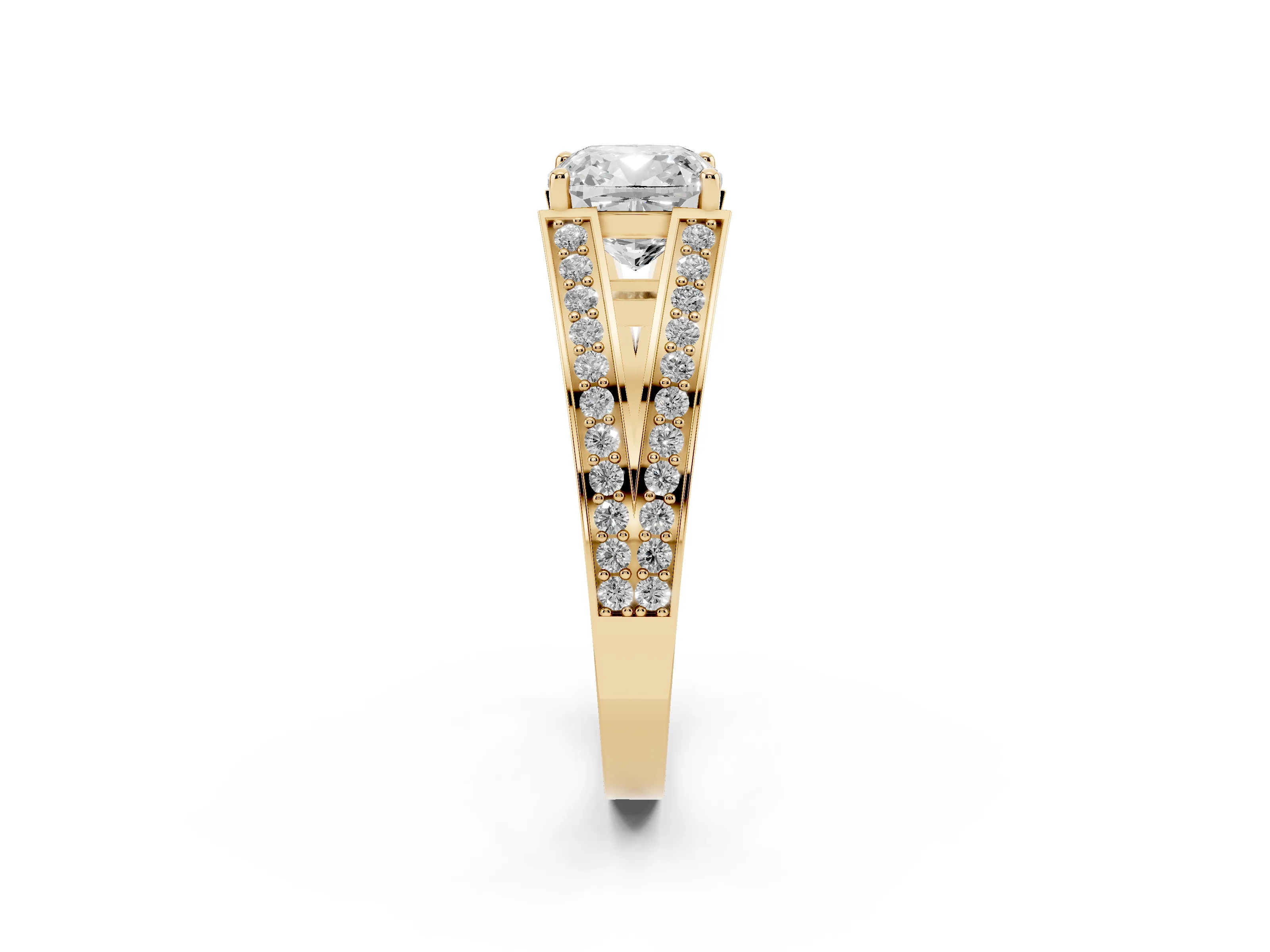 Cushion Cut Diamond Split Shank Ring Set in Yellow gold with Pavé Band and Prong Setting