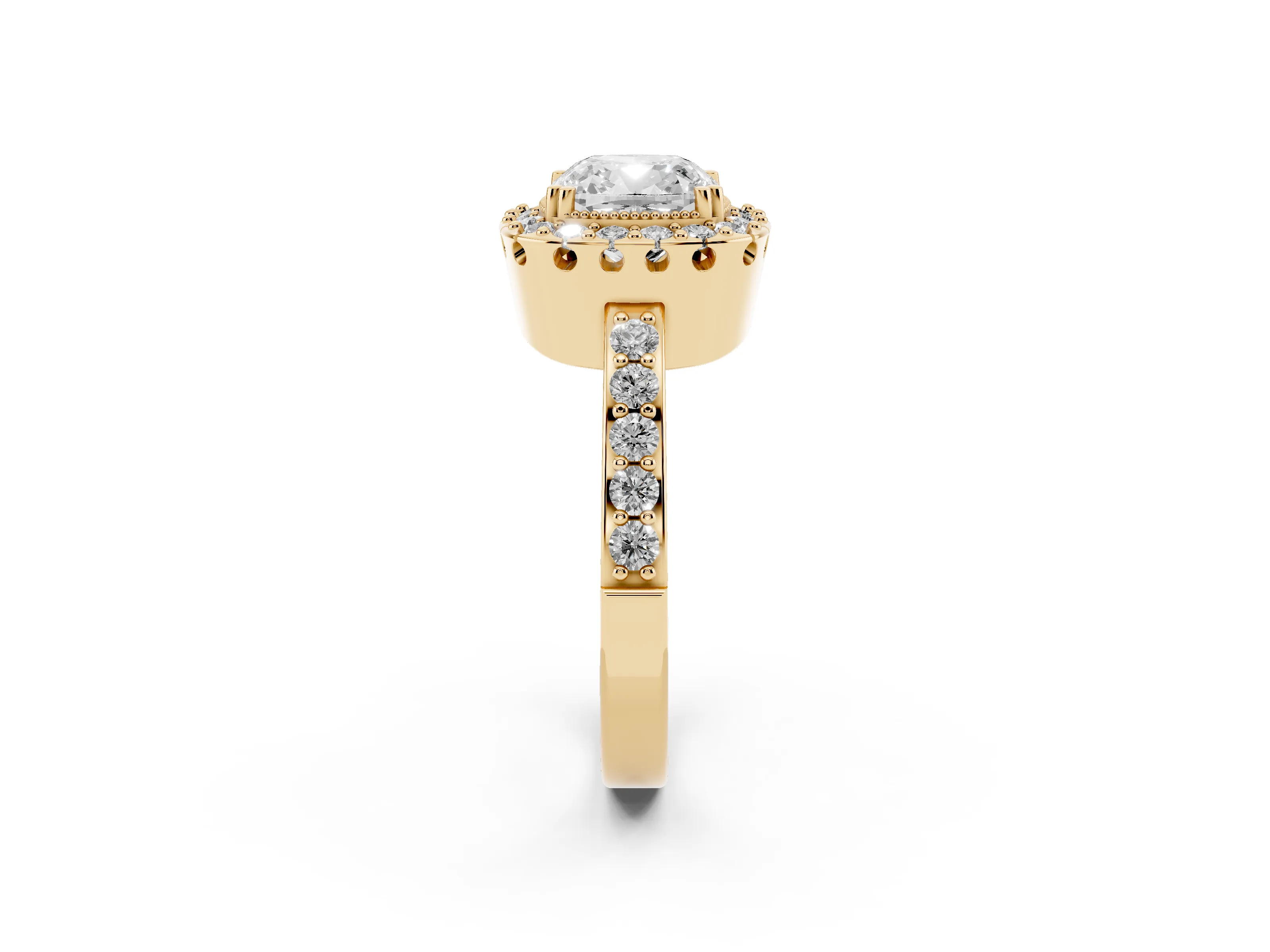 Cushion Cut Diamond Halo Ring Set in Yellow gold with Pavé Shank and Prong Setting