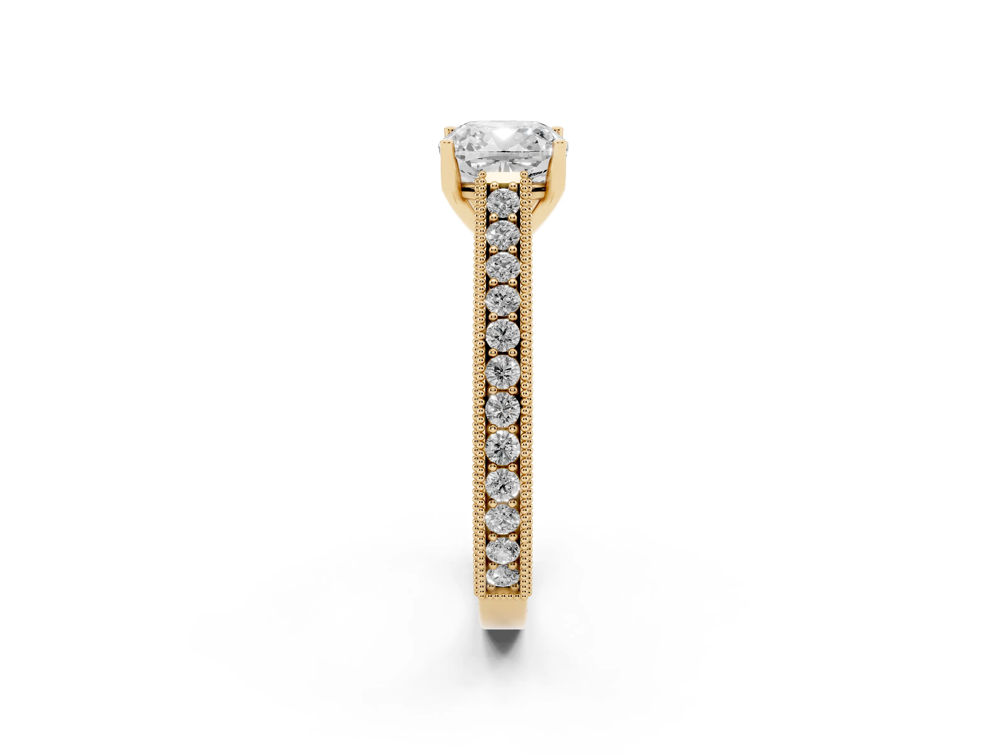 Cushion Cut Diamond Milgrain Pavé Band Solitaire Ring Set in Yellow gold with Prong Setting
