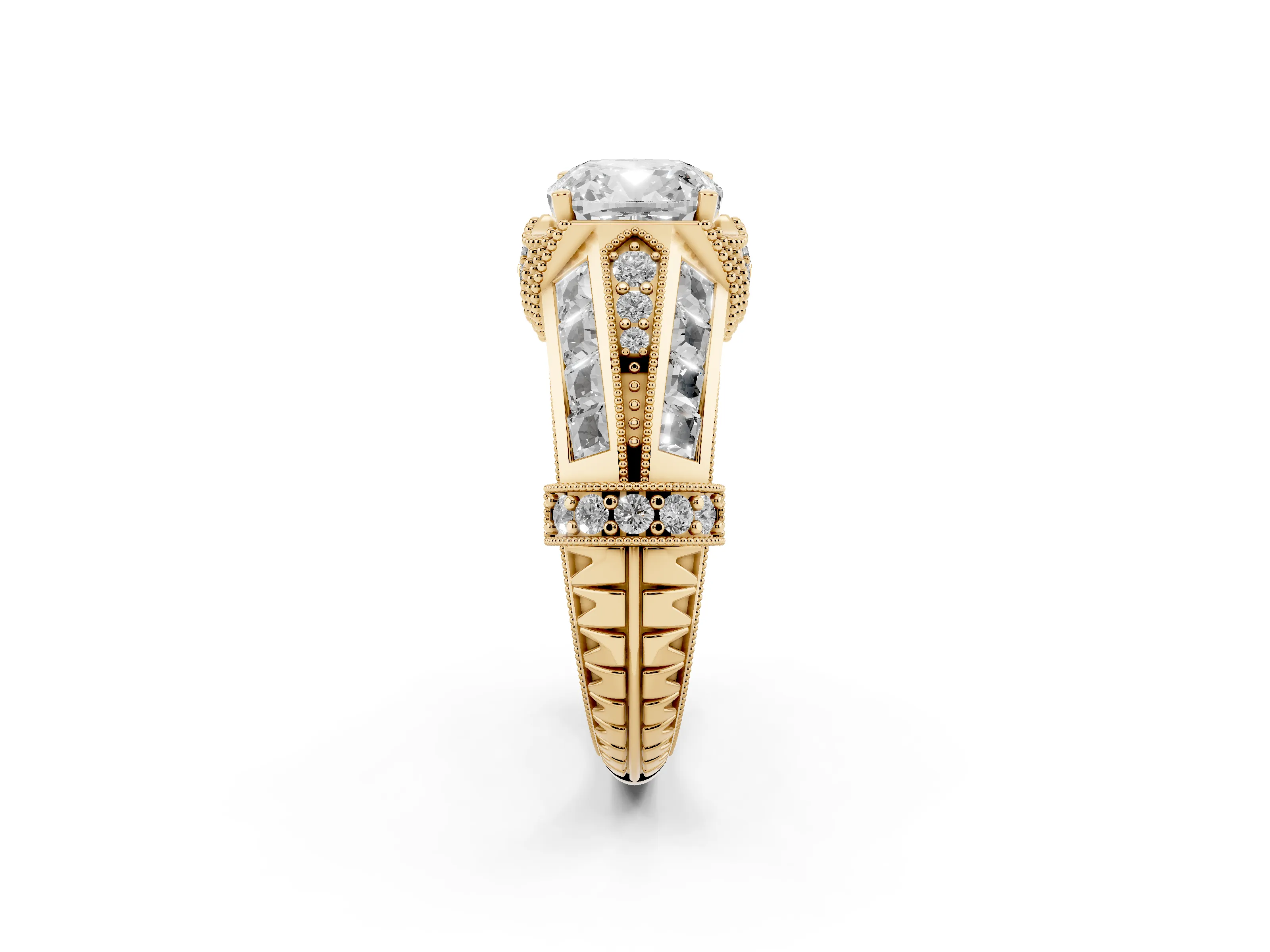 Cushion Cut Diamond Vintage-Inspired Milgrain Ring Set in Yellow gold with Accent Split Shank