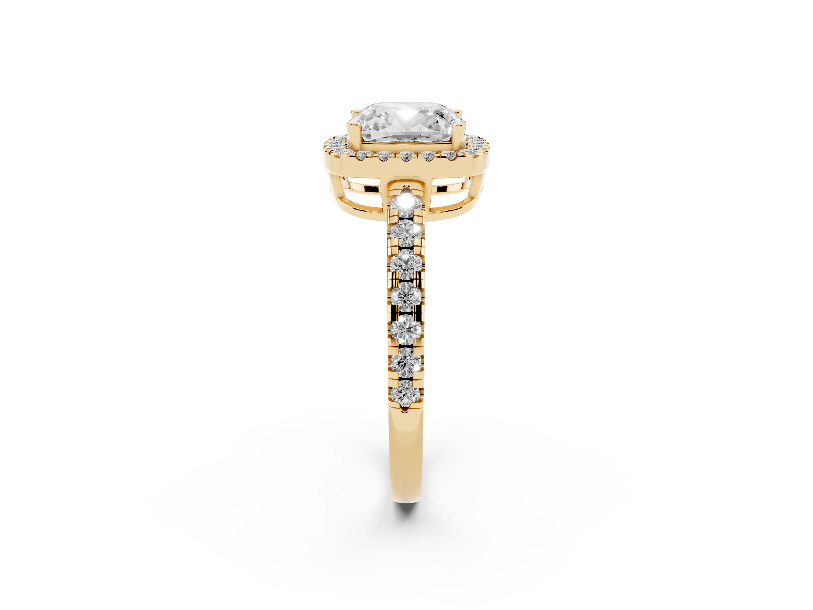 Cushion Cut Diamond Halo Ring Set in Yellow gold with Delicate Pavé Band and Prong Setting