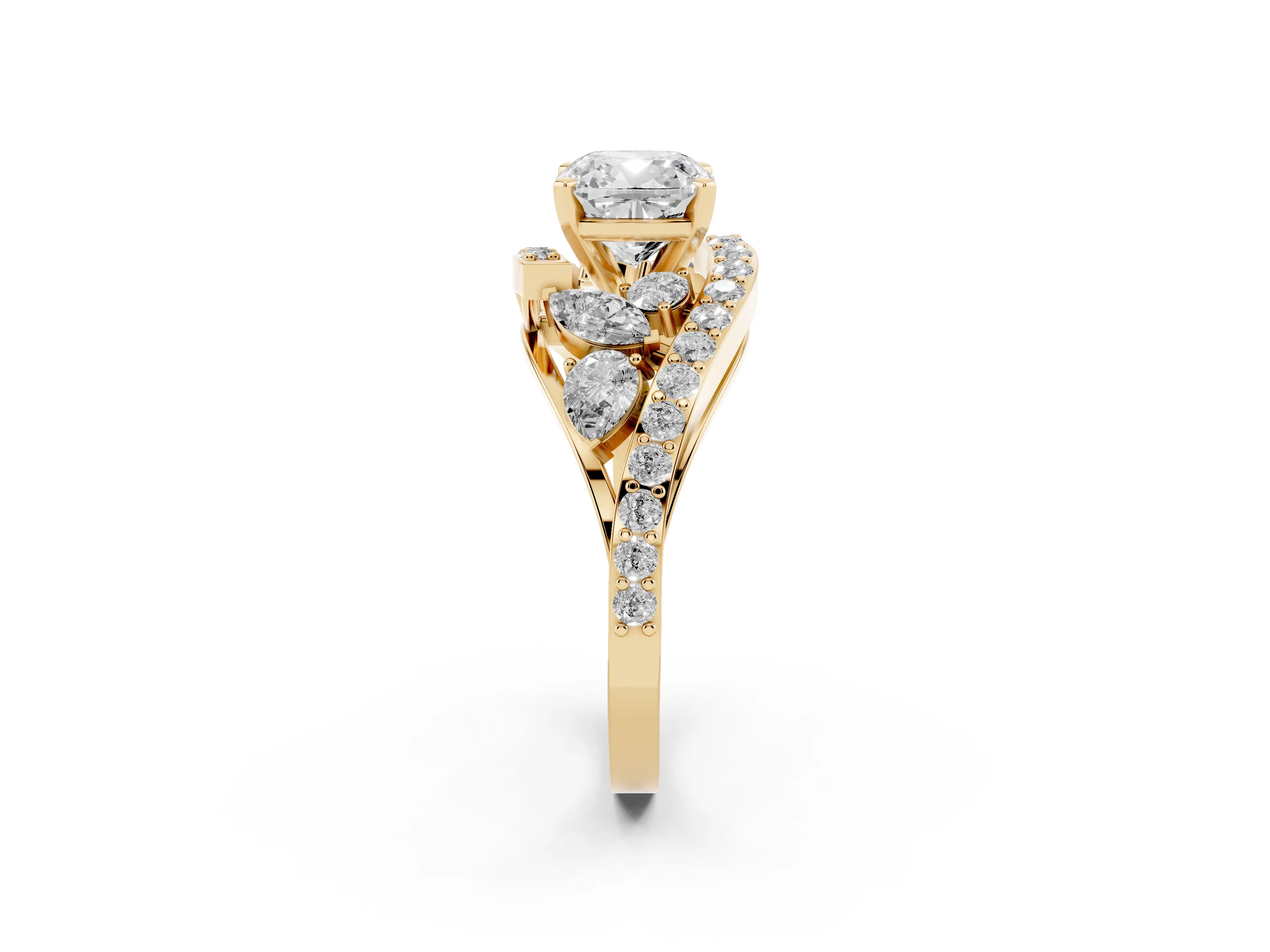 Cushion Cut Diamond Halo Ring Set in Yellow gold with Marquise and Pavé Band in Prong Setting