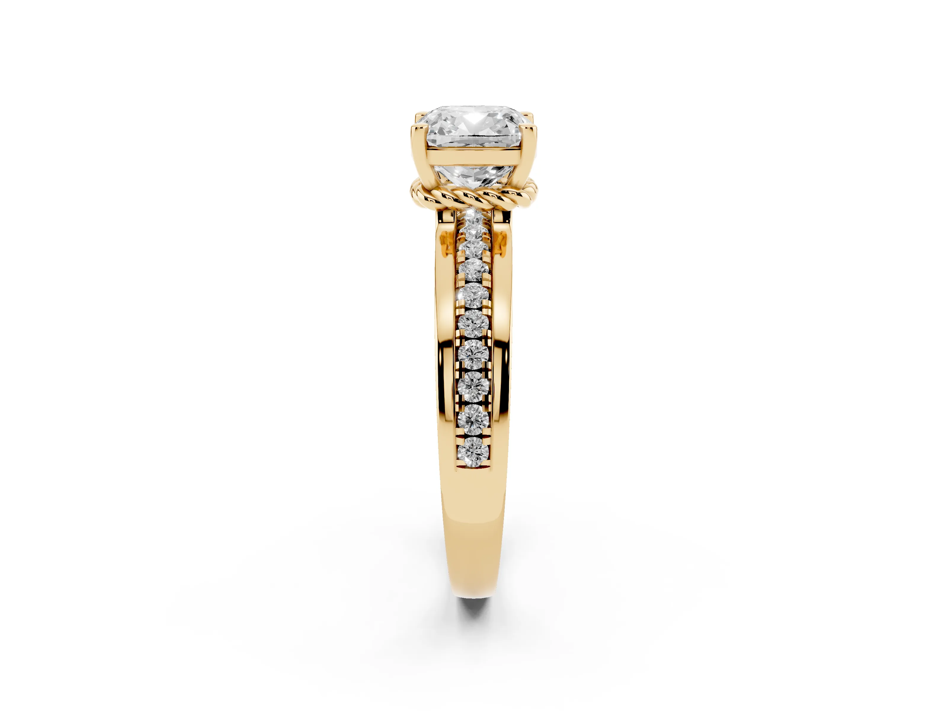 Cushion Cut Diamond Solitaire Ring Set in Yellow gold with Channel Set Band and Prong Setting