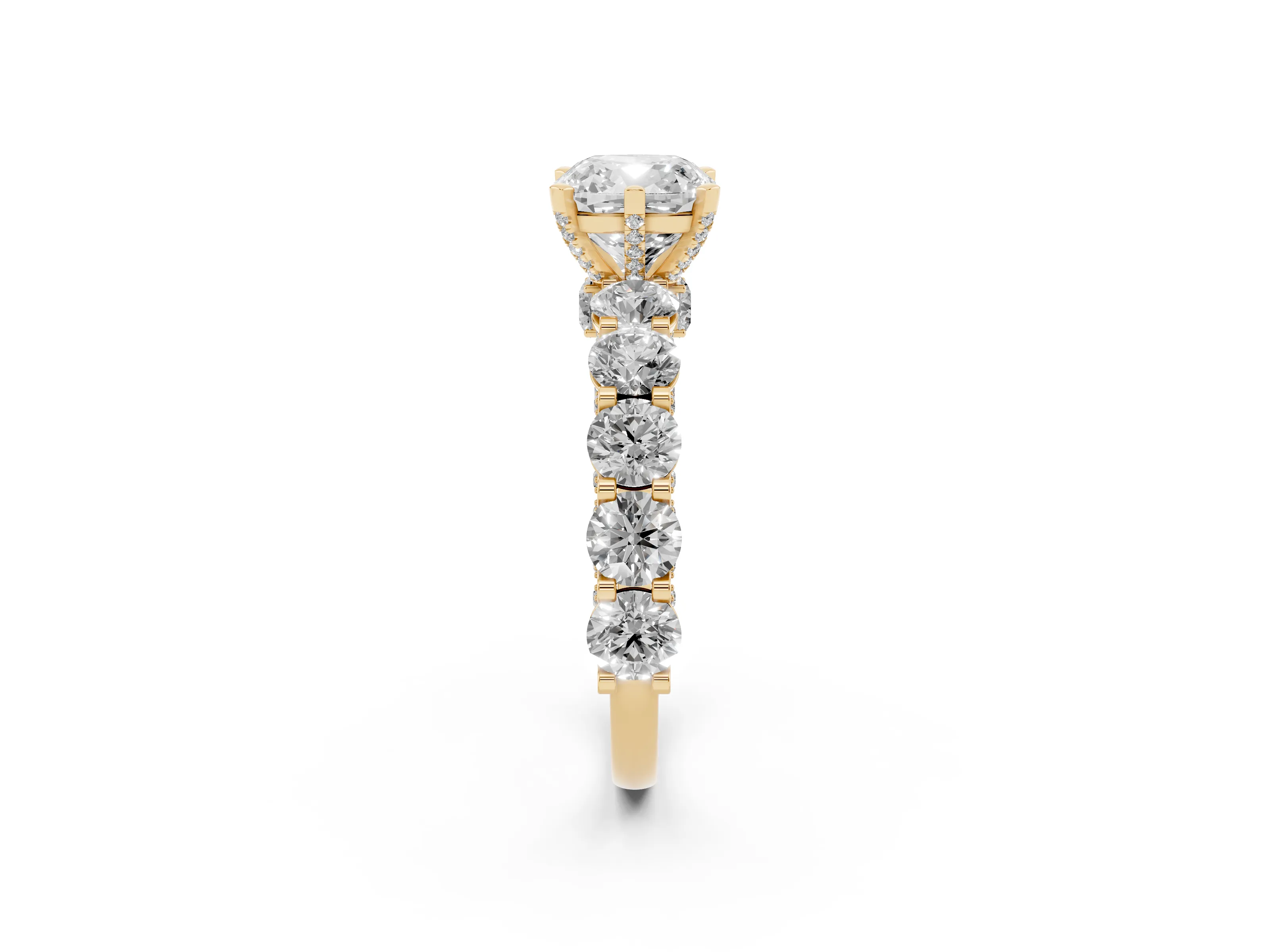 Cushion Cut Diamond Side Stone Ring Set in Yellow gold with Alternating Round and Oval Side Stones