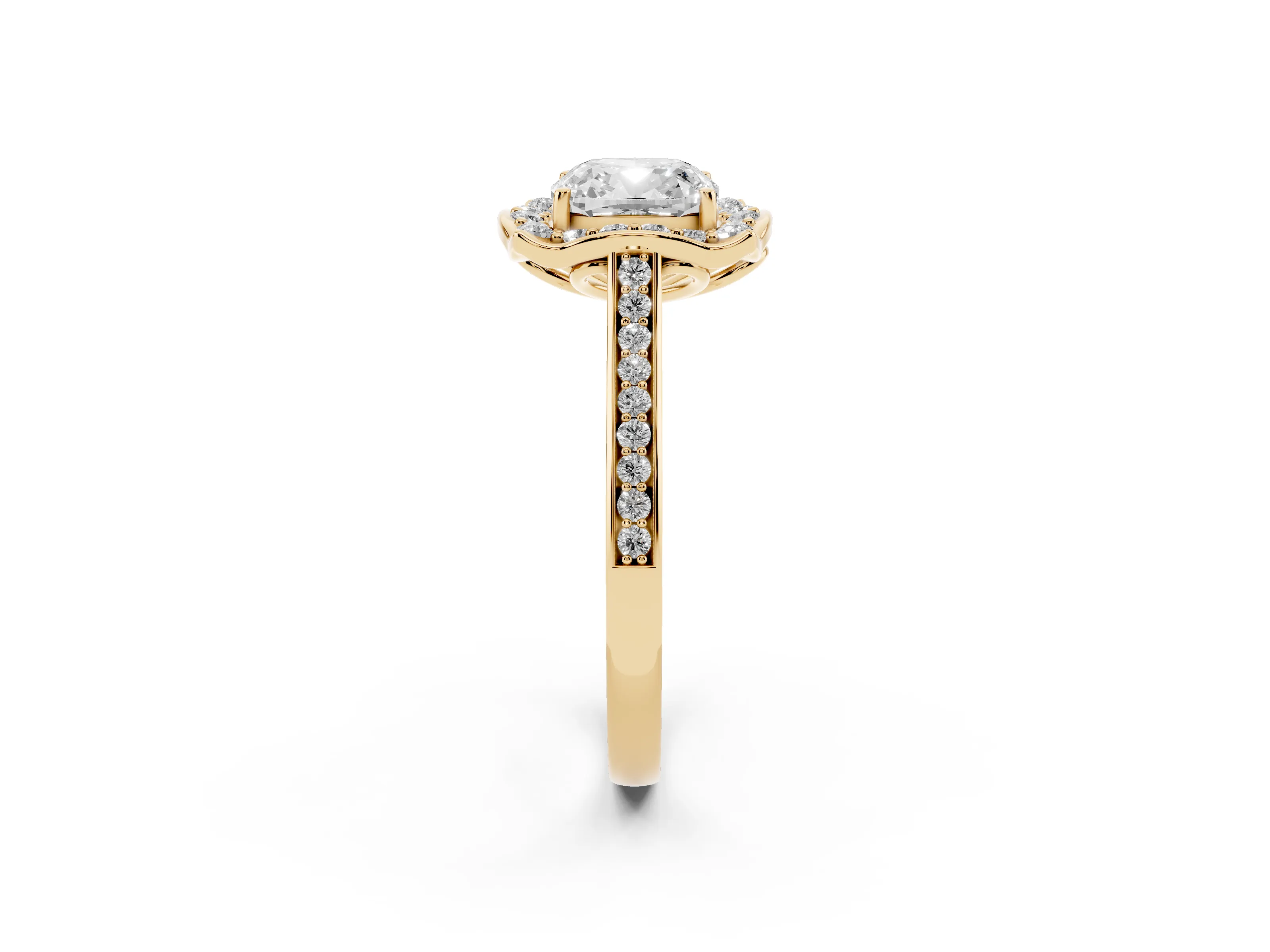 Cushion Cut Diamond Halo Ring Set in Yellow gold with Pavé-Lined Shoulders and Prong Setting