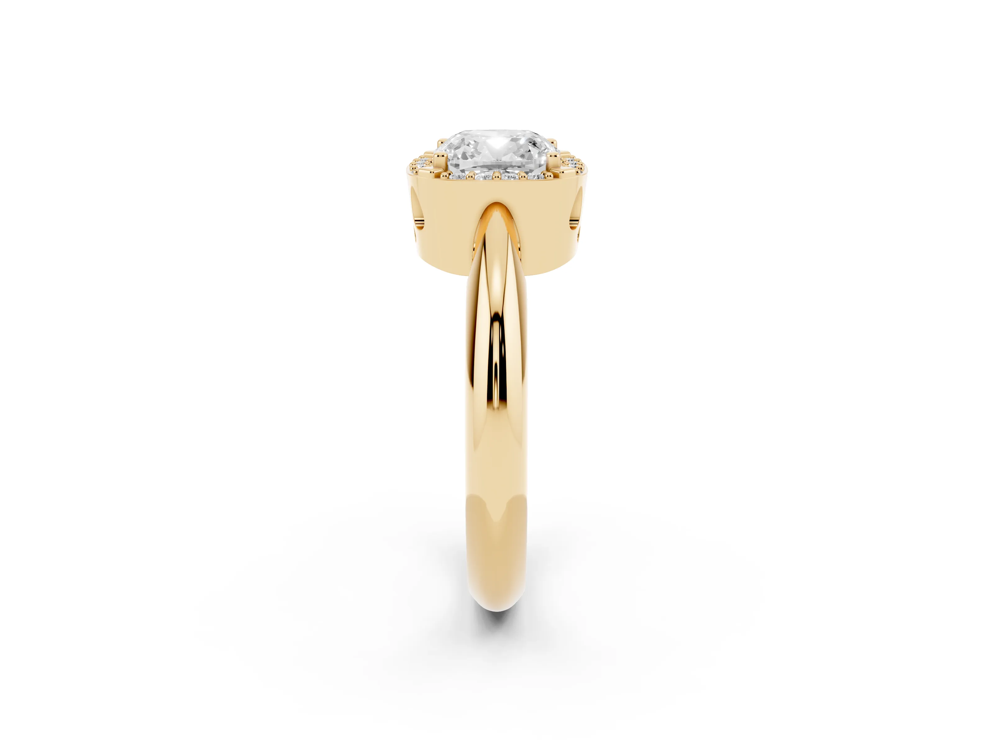 Cushion Cut Diamond Halo Engagement Ring Set in Yellow gold with Plain Split Shank and Prong Setting