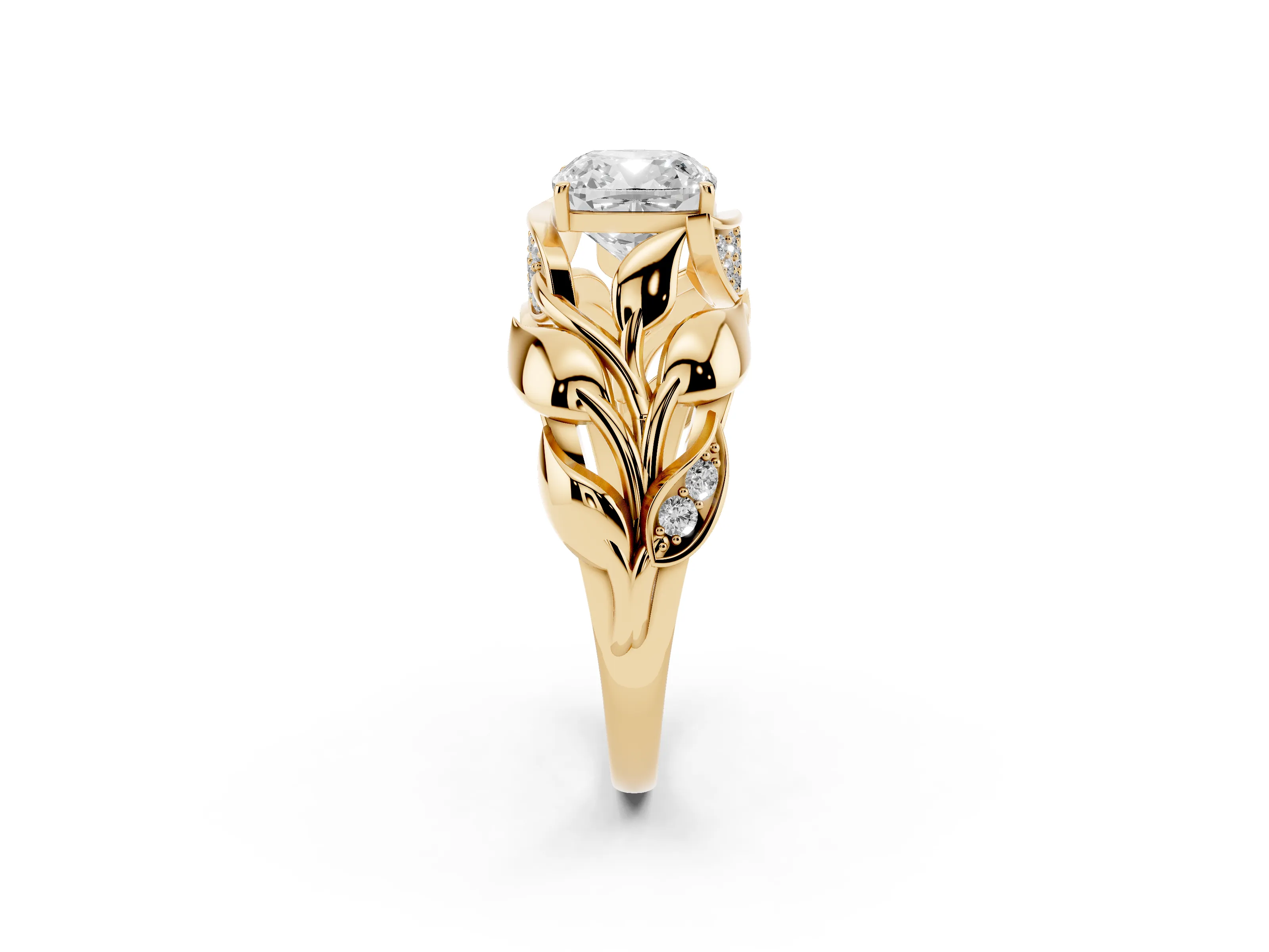 Cushion Cut Diamond Leaf-Inspired Engagement Ring Set in Yellow gold with Round Accents
