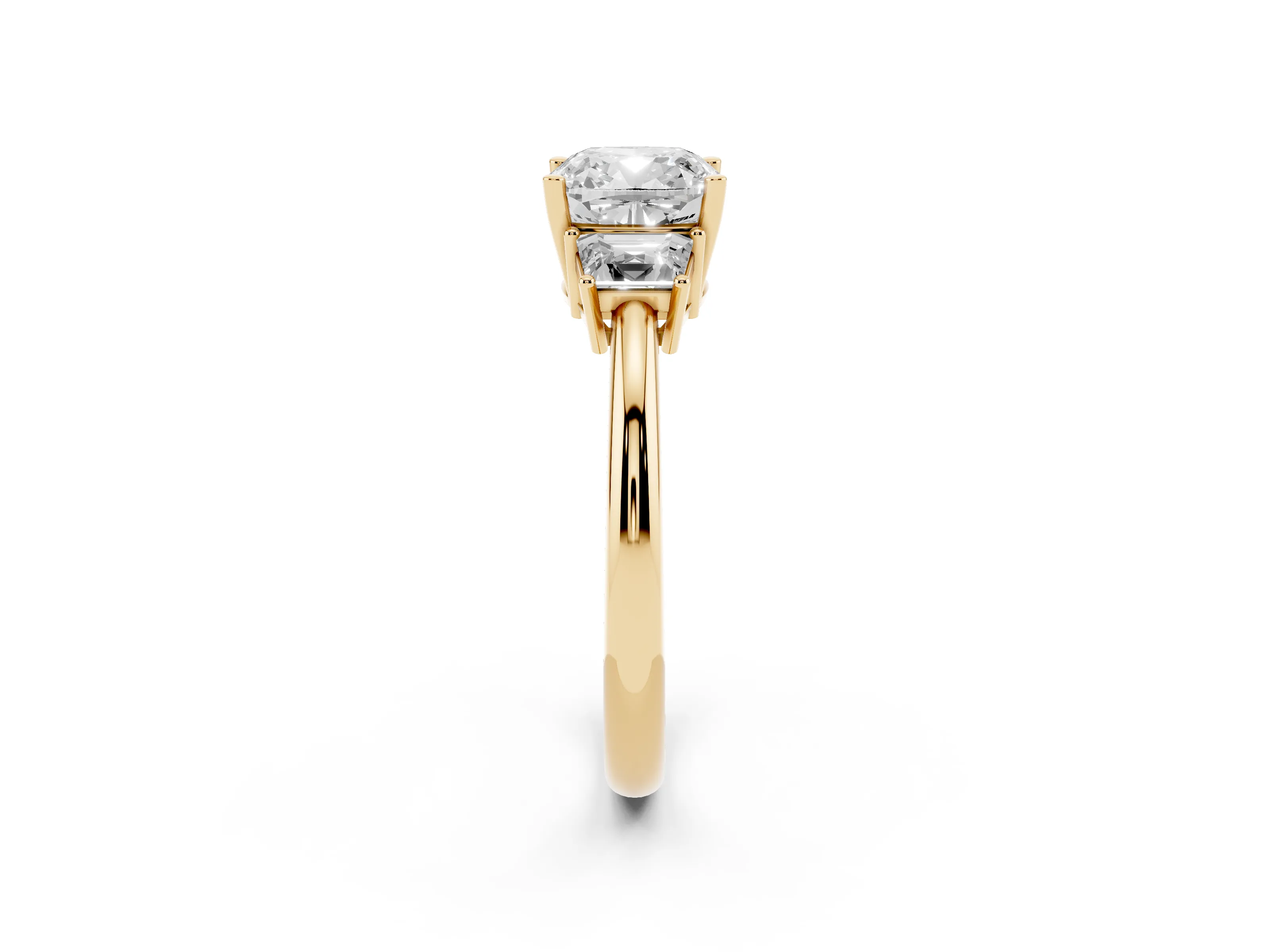 Cushion Cut Diamond Three-Stone Ring Set in Yellow gold with Trapezoid Side Stones and Prong Setting
