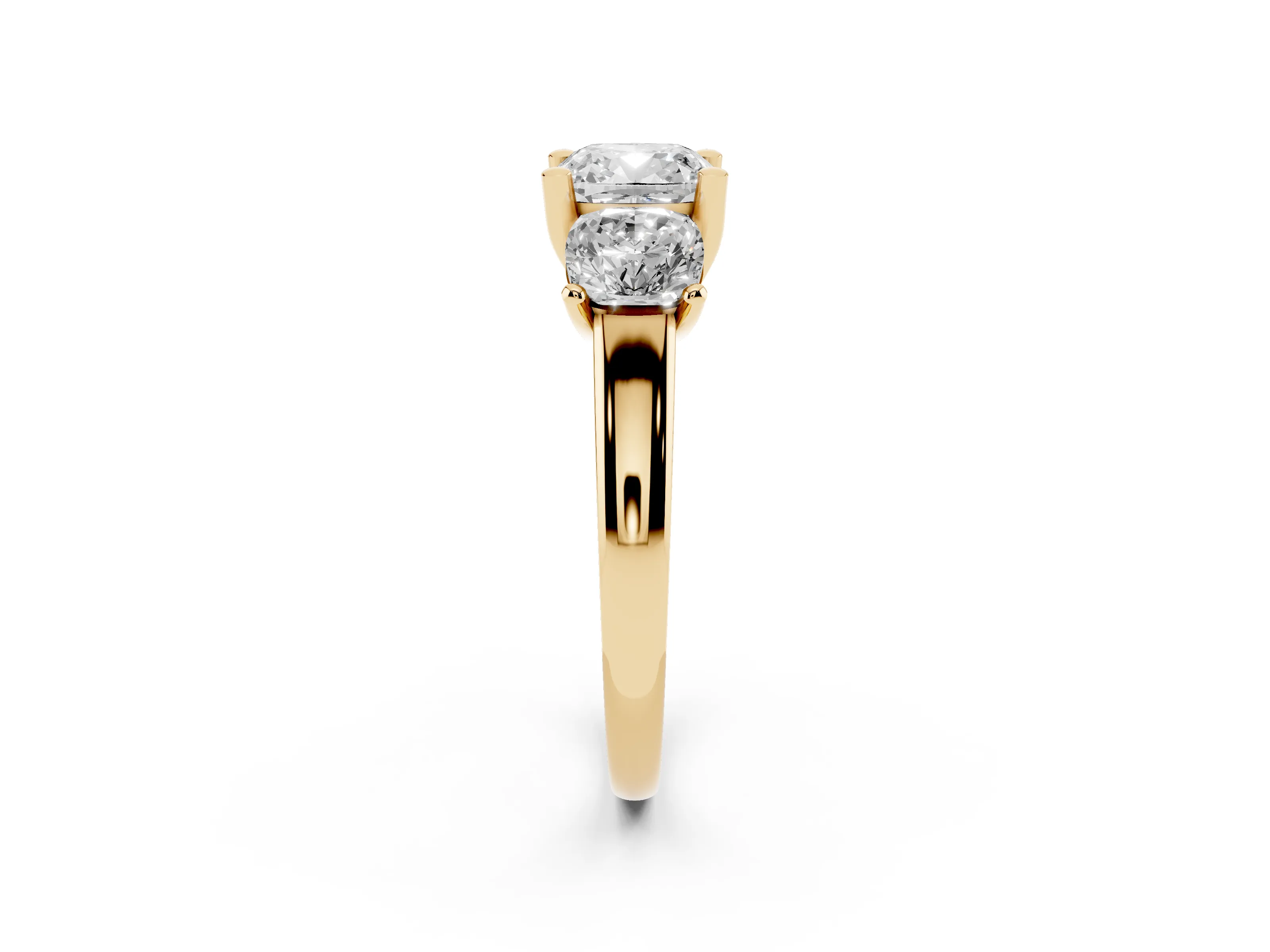 Cushion Cut Diamond Three-Stone Ring Set in Yellow gold with Classic Prong Setting and Plain Band