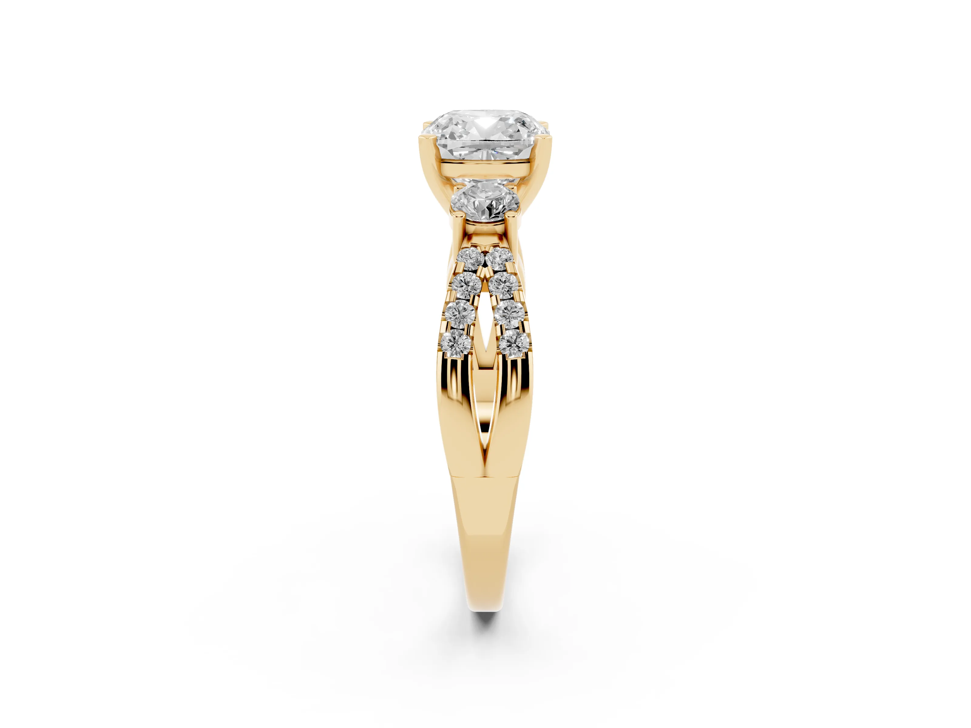 Cushion Cut Diamond Three-Stone Ring Set in Yellow gold with Pavé Split Shank and Prong Setting