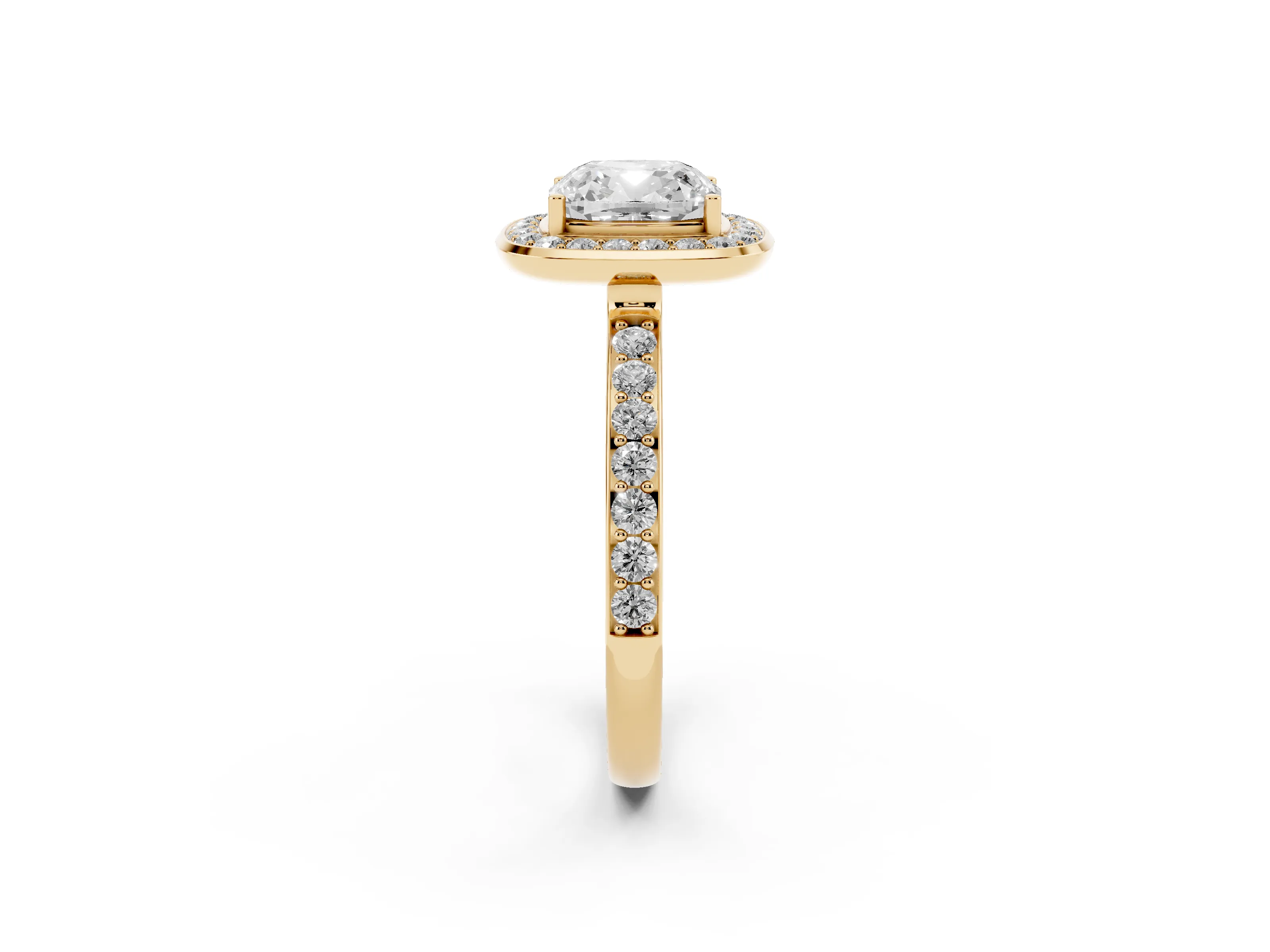 Cushion Cut Diamond Halo Ring Set in Yellow gold with Bezel Frame and Pavé Band