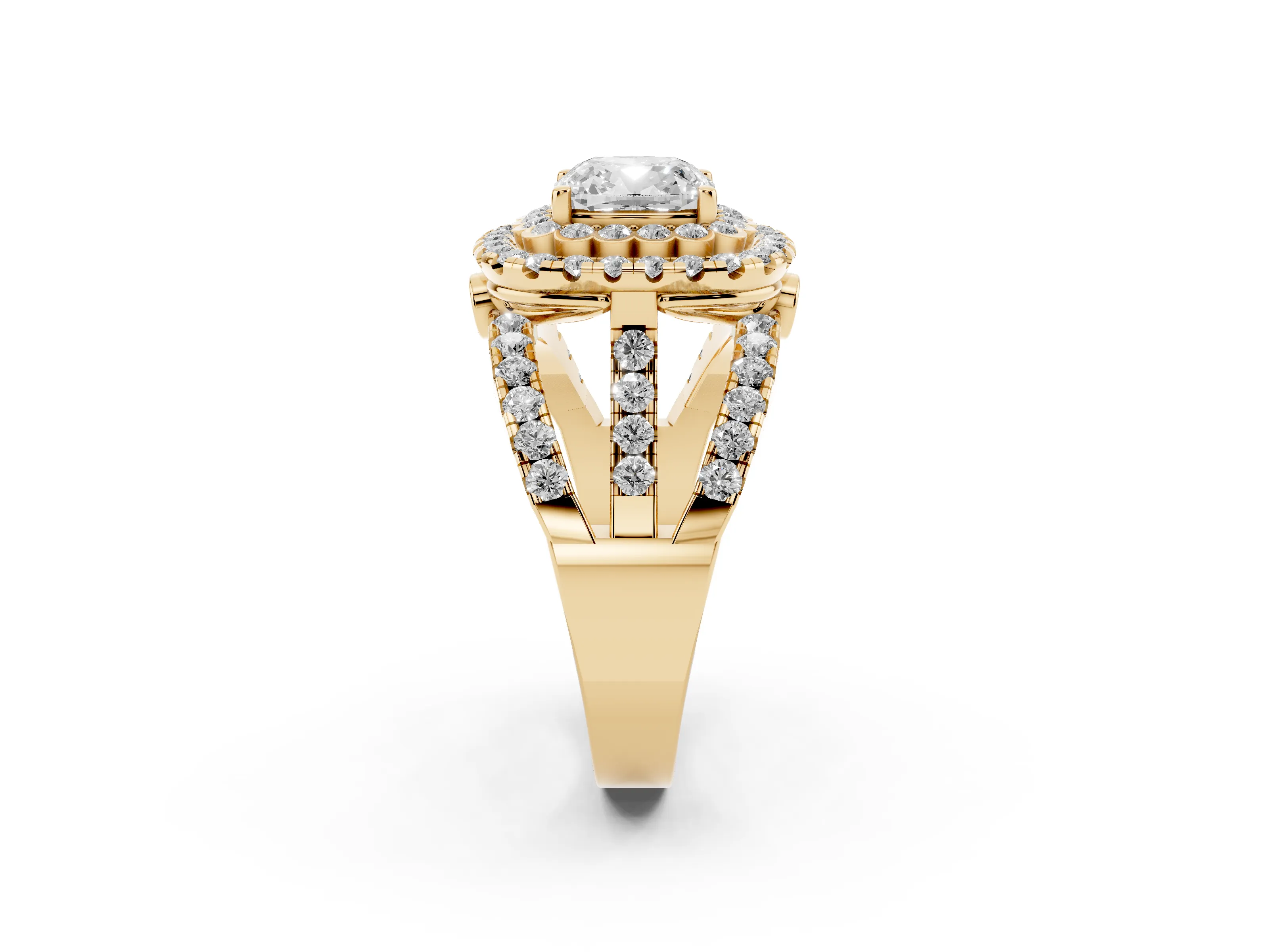 Cushion Cut Diamond Double Halo Ring Set in Yellow gold with Round Pavé Split Shank