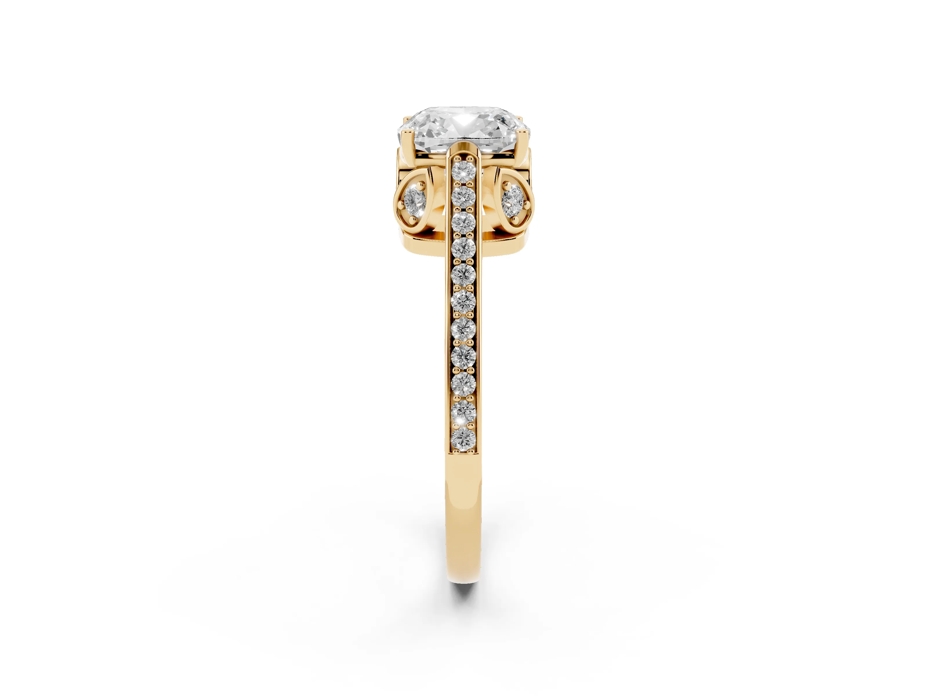 Cushion Cut Diamond Cathedral Pavé Engagement Ring Set in Yellow gold with Prong Setting
