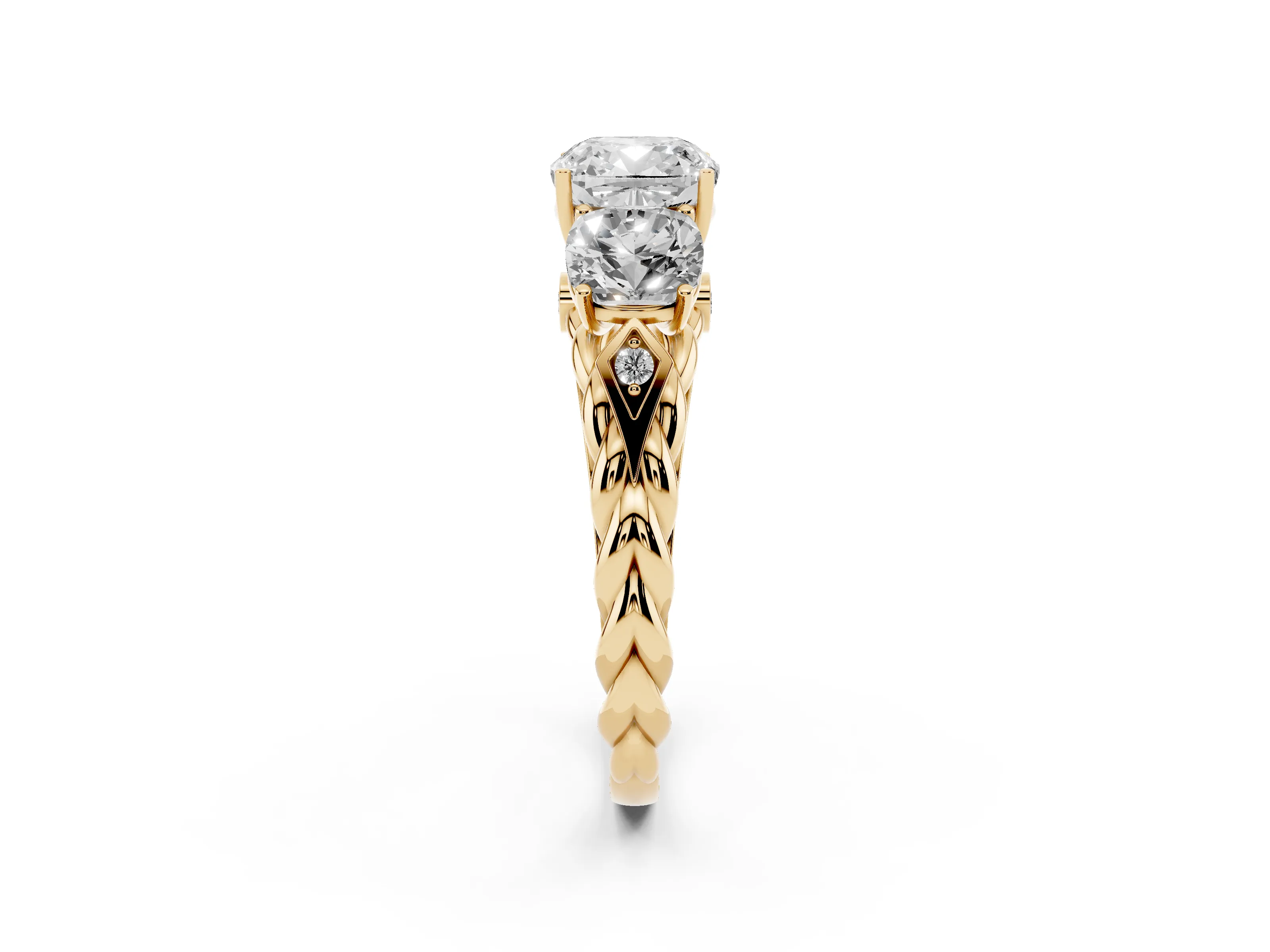 Cushion Cut Diamond Three-Stone Ring Set in Yellow gold with Braided Band