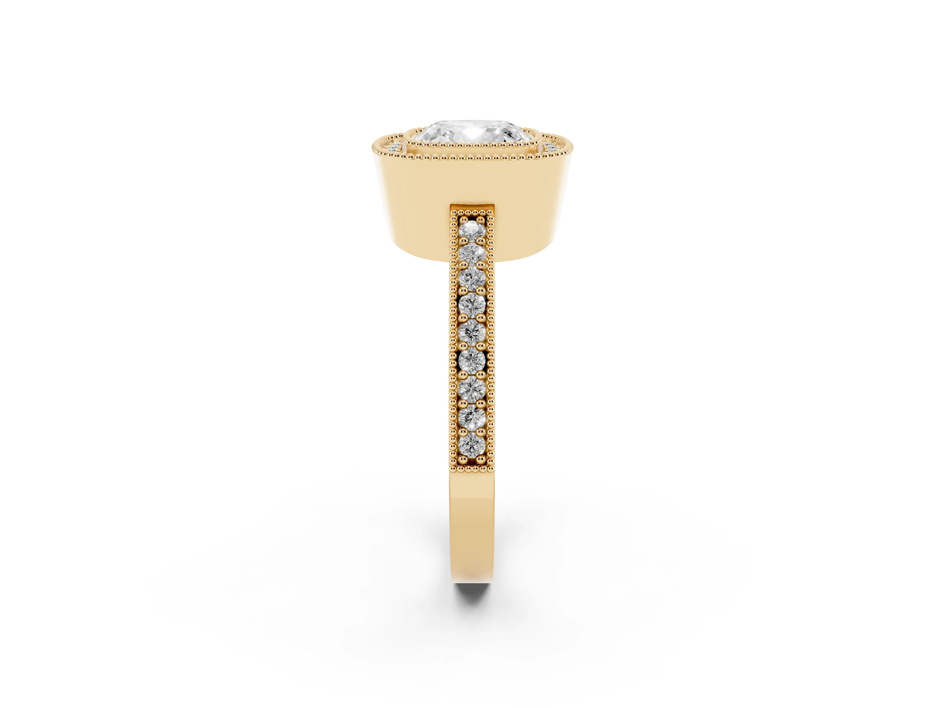Cushion Cut Diamond Halo Engagement Ring Set in Yellow gold with Pavé Band and Round Halo Stones