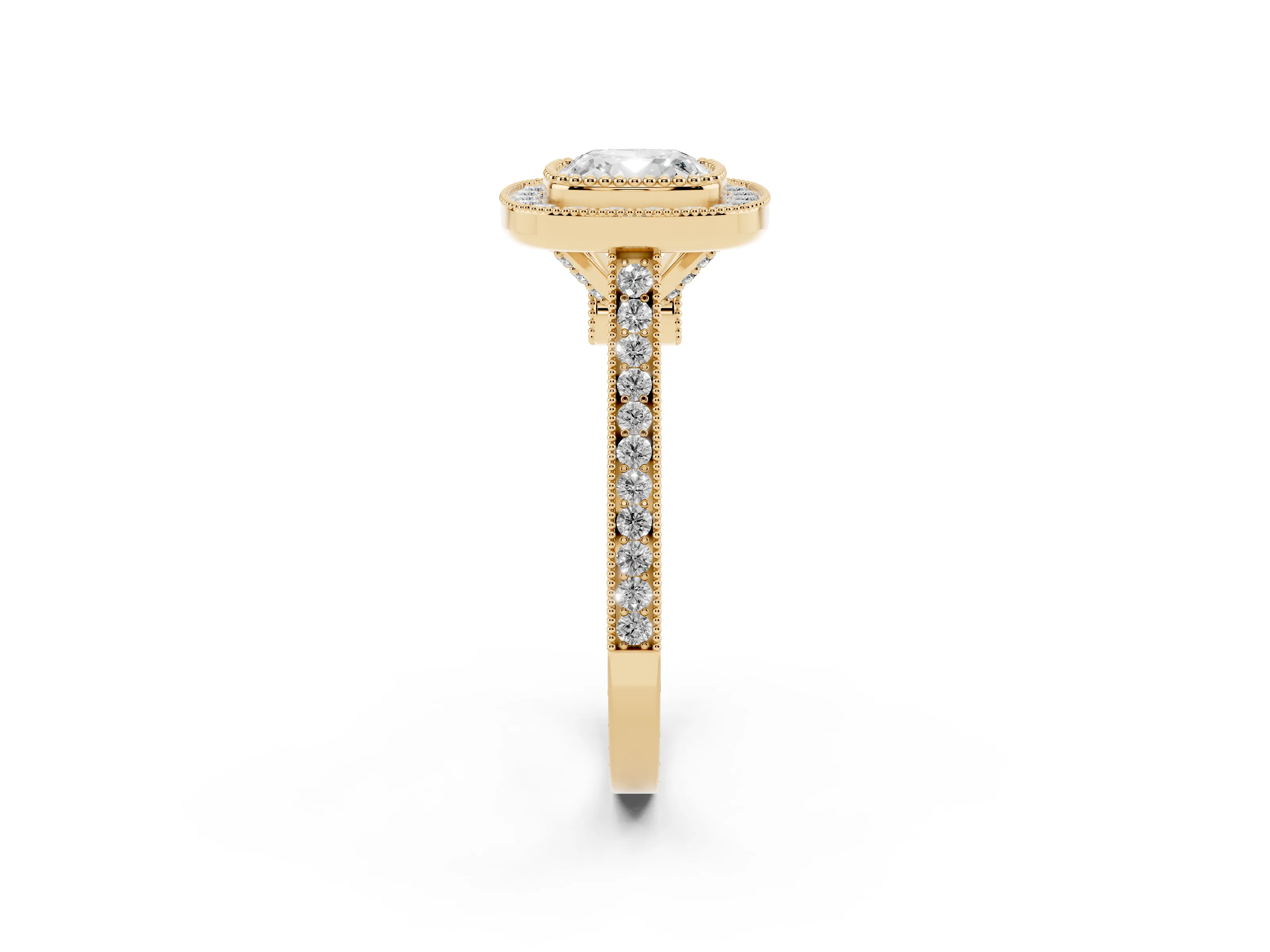 Cushion Cut Diamond Halo Ring Set in Yellow gold with Milgrain Frame and Pavé Band