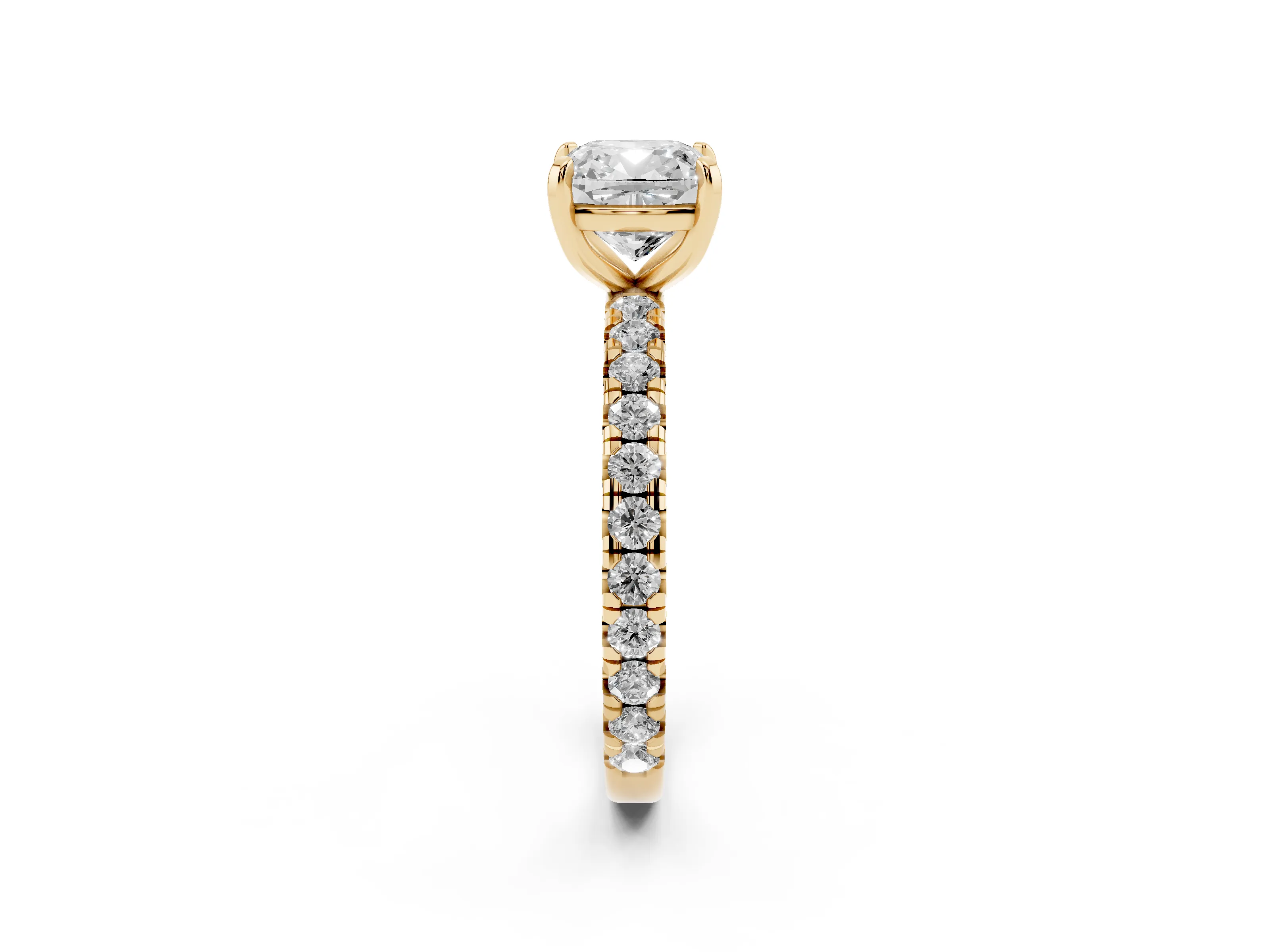 Cushion Cut Diamond Pavé Solitaire Ring Set in Yellow gold with Round Band and Prong Setting
