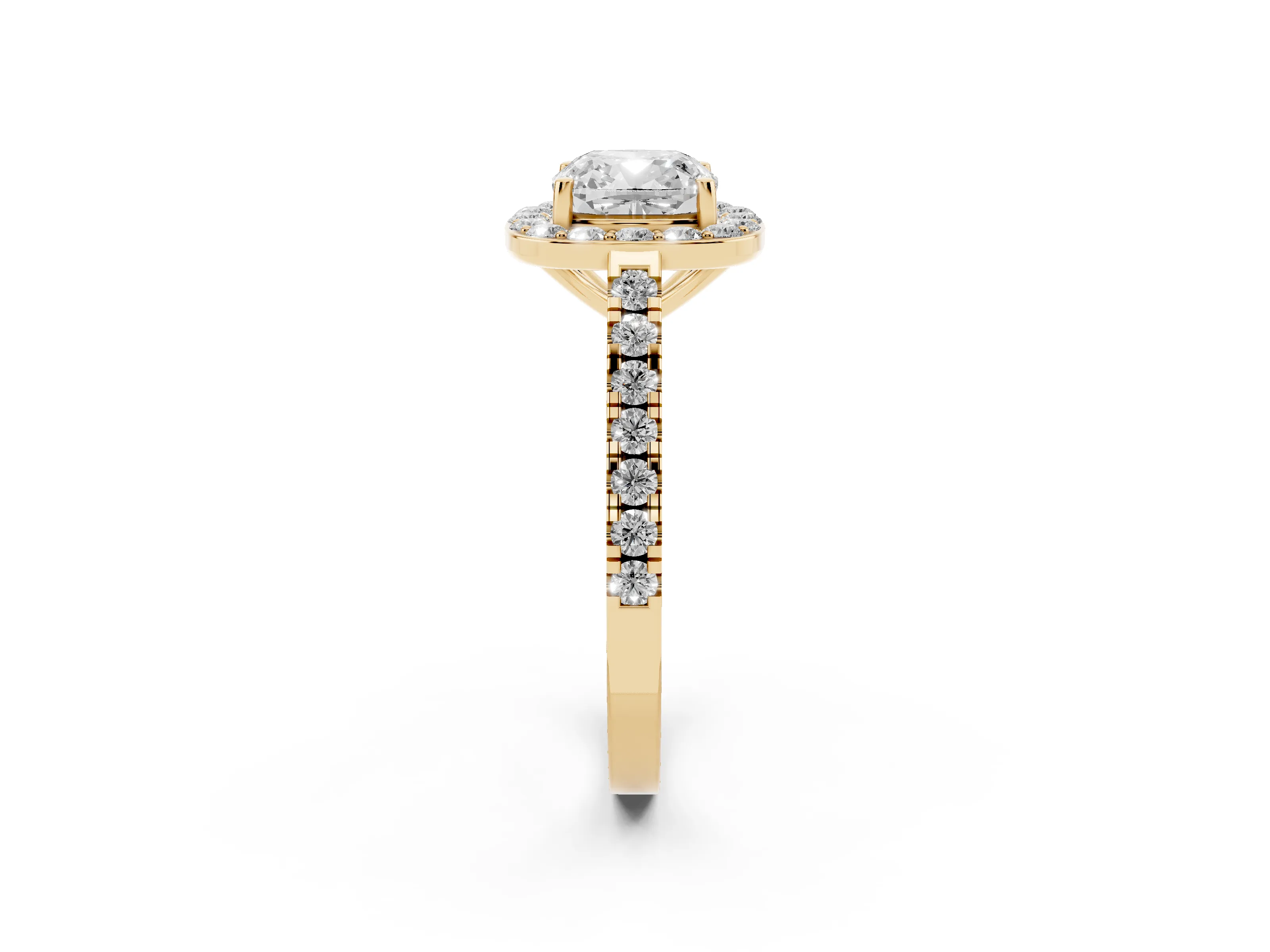 Cushion Cut Diamond Halo Ring Set in Yellow gold with Round Pavé Split Shank and Prong Setting