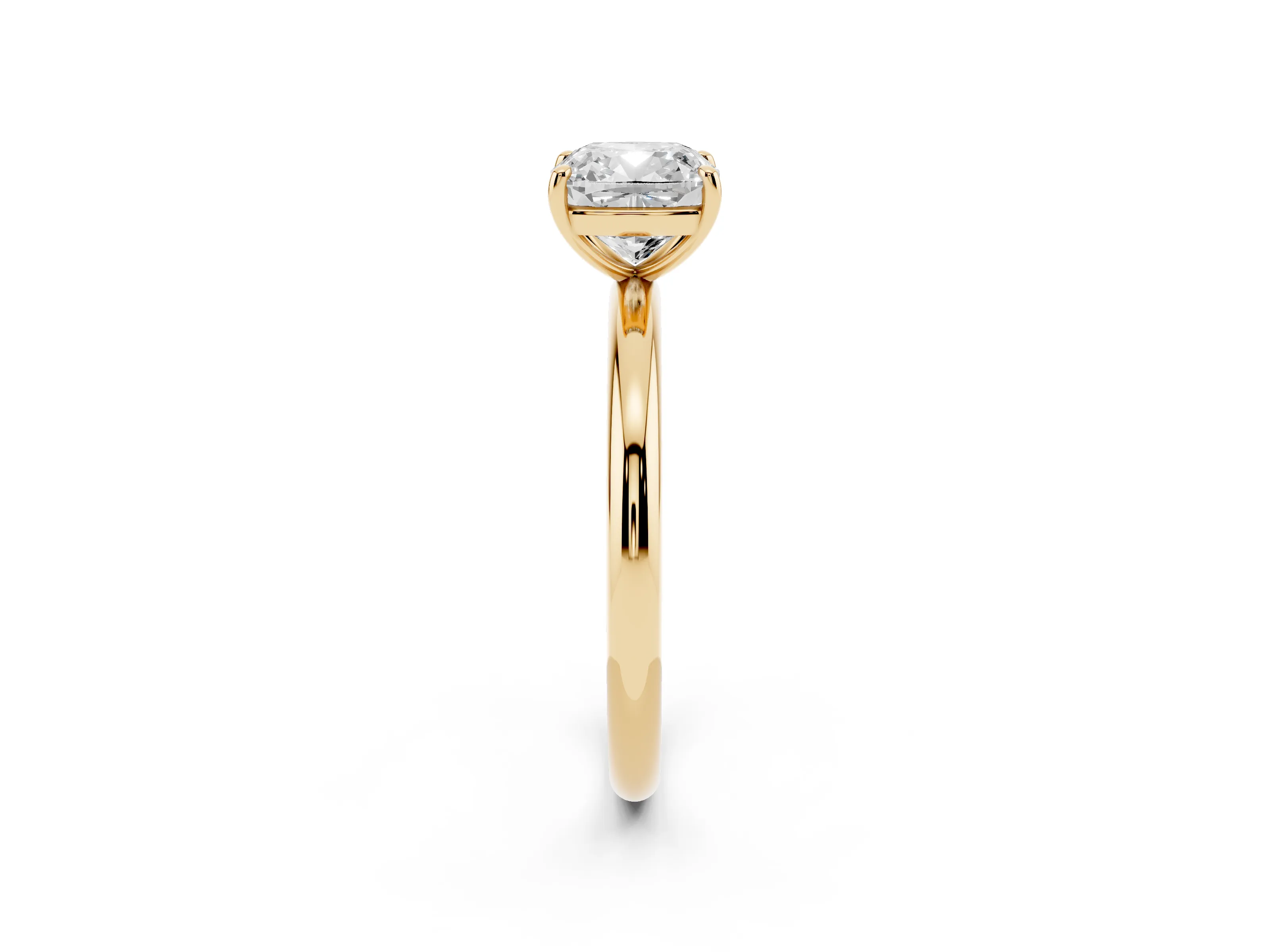 Cushion Cut Diamond Solitaire Ring Set in Yellow gold with Prong Setting on a Polished Plain Band