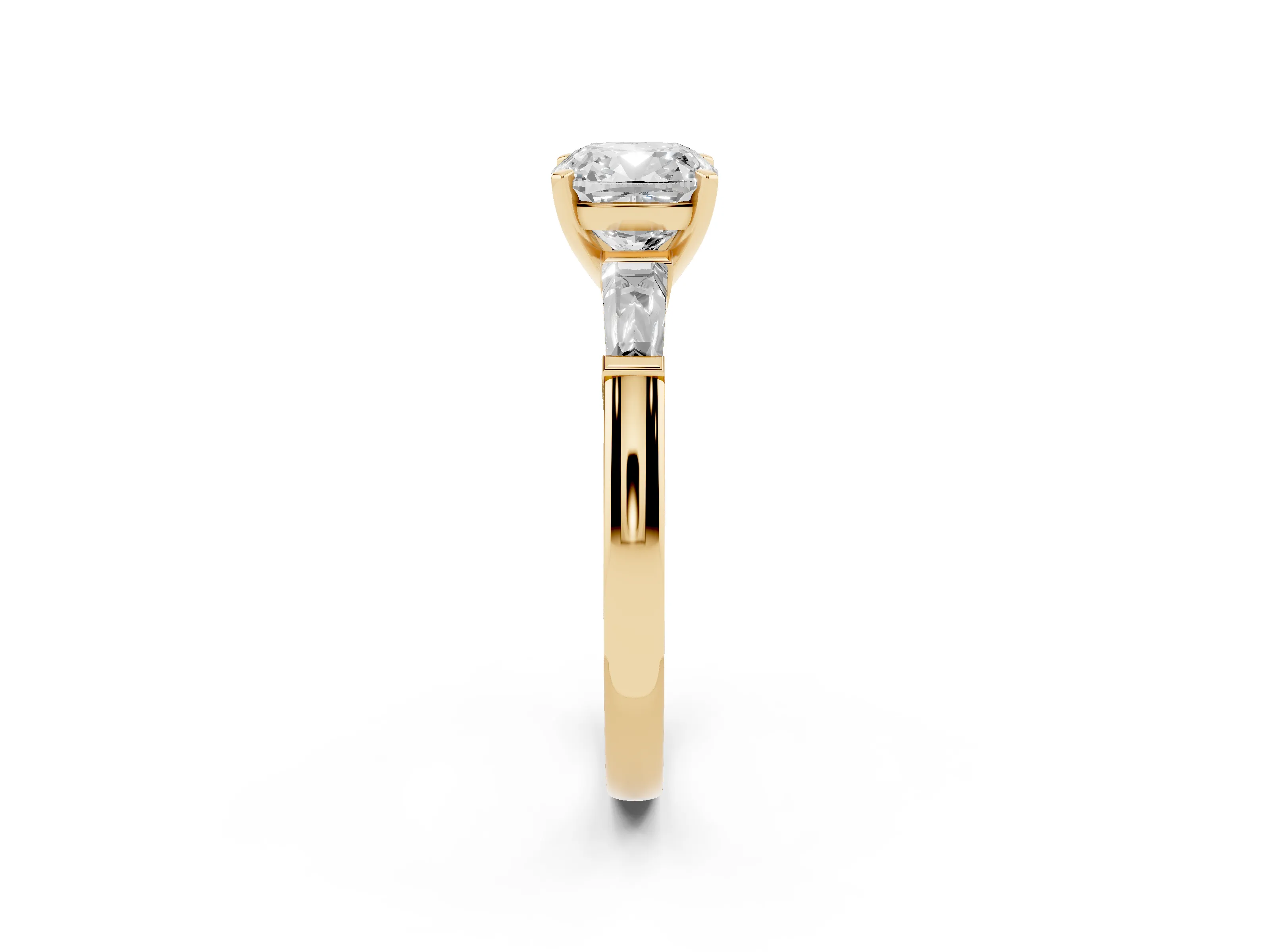Cushion Cut Diamond Solitaire Ring Set in Yellow gold with Tapered Baguette Side Stones and Prong Setting