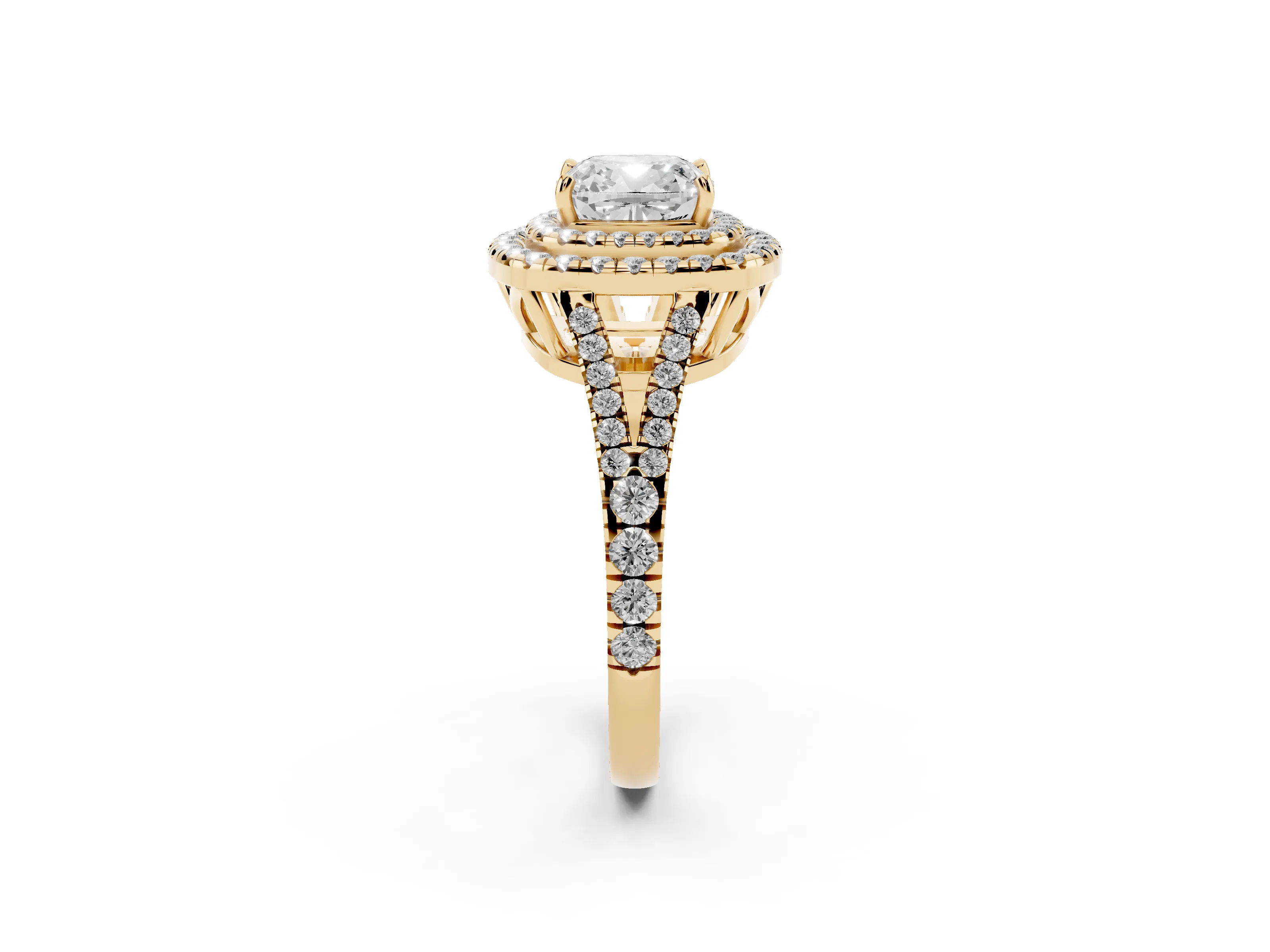 Cushion Cut Diamond Double Halo Ring Set in Yellow gold with Pavé Band