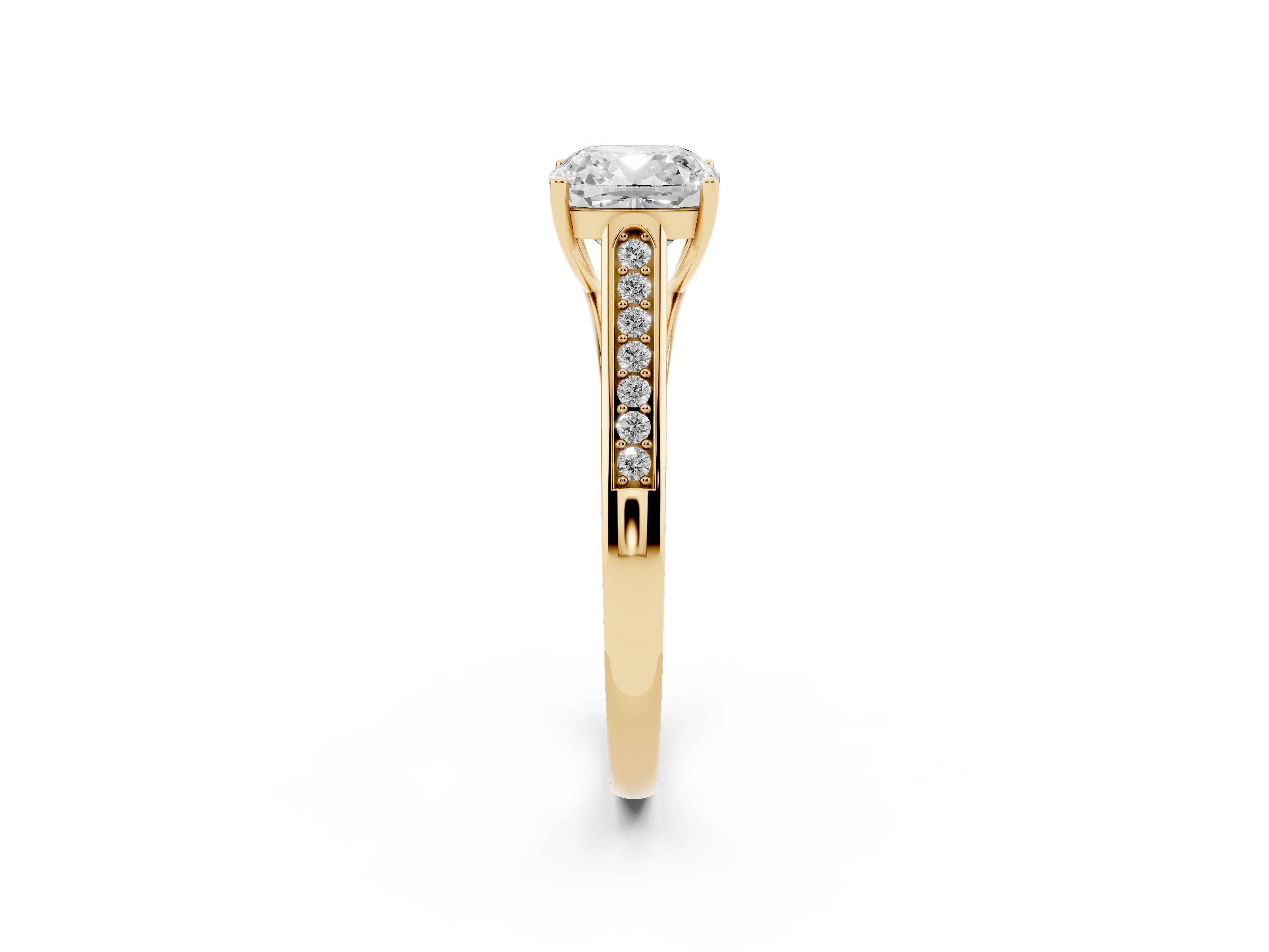 Cushion Cut Diamond Solitaire Cathedral Engagement Ring Set in Yellow gold with Channel-Set Band and Prong Setting