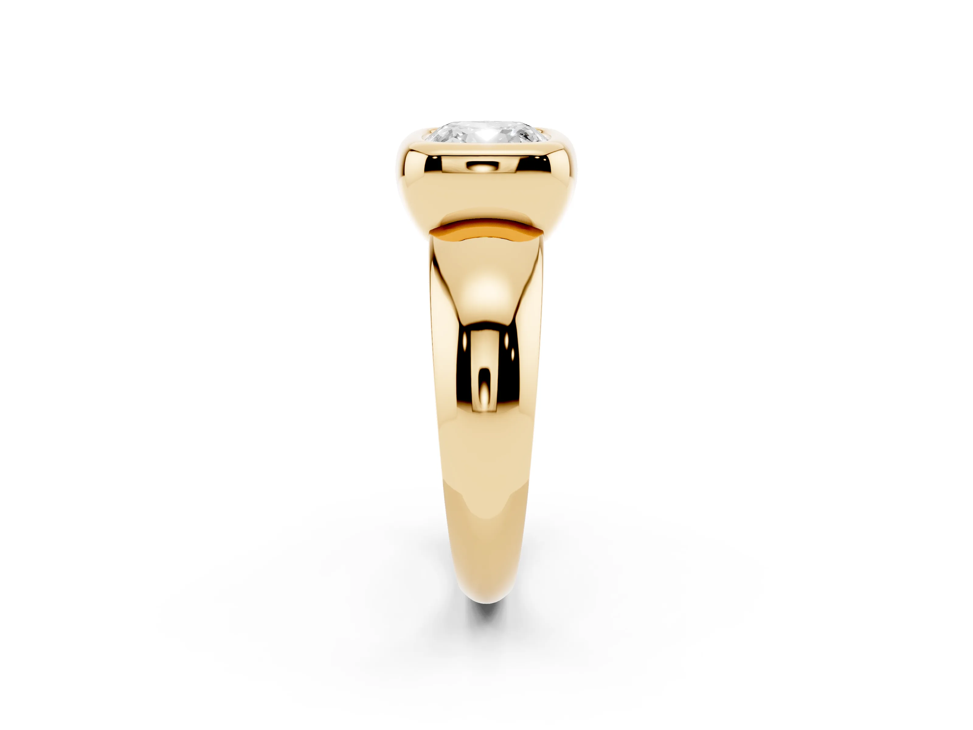 Bezel Set Cushion Cut Diamond Solitaire Ring Set in Yellow gold with Wide Band