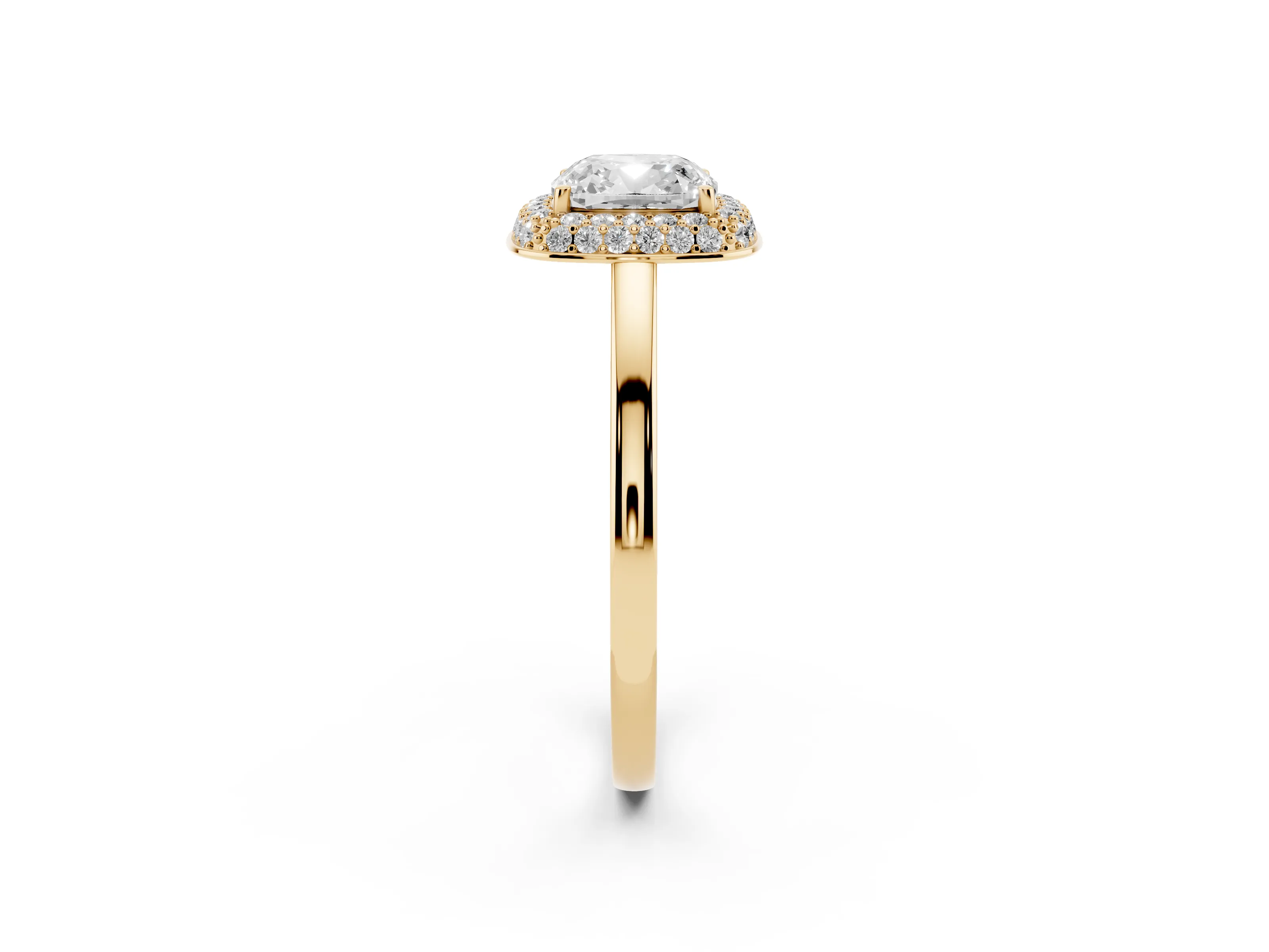 Cushion Cut Diamond Halo Engagement Ring Set in Yellow gold with Solitaire Band and Prong Setting