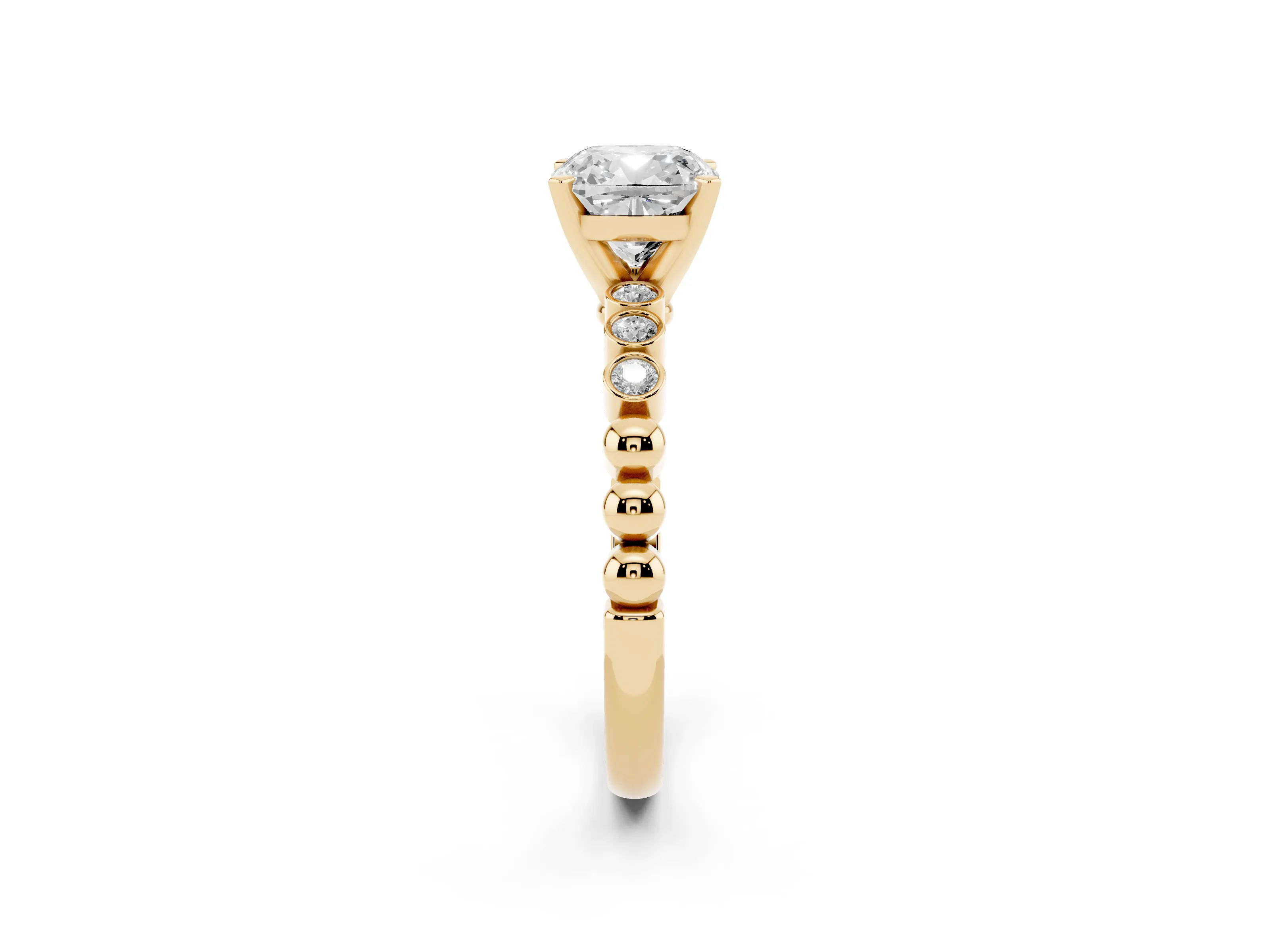 Cushion Cut Diamond Solitaire Engagement Ring Set in Yellow gold with Bezel Accents on Beaded Band